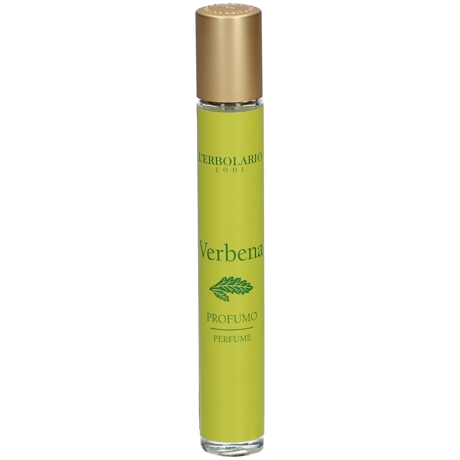 Flacone cilindrico con tappo dorato. Scritta: Verbena, Profumo, Perfume.