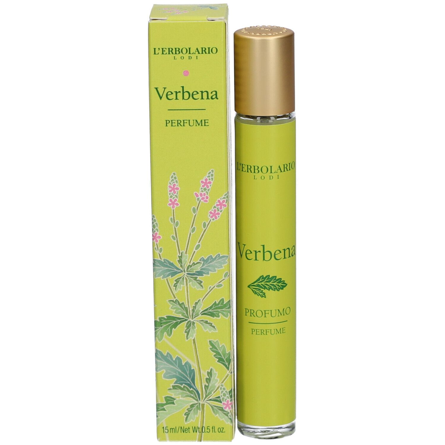 Flacone e scatola. Scatola: Verbena, Perfume. Flacone: Verbena, Profumo, Perfume.