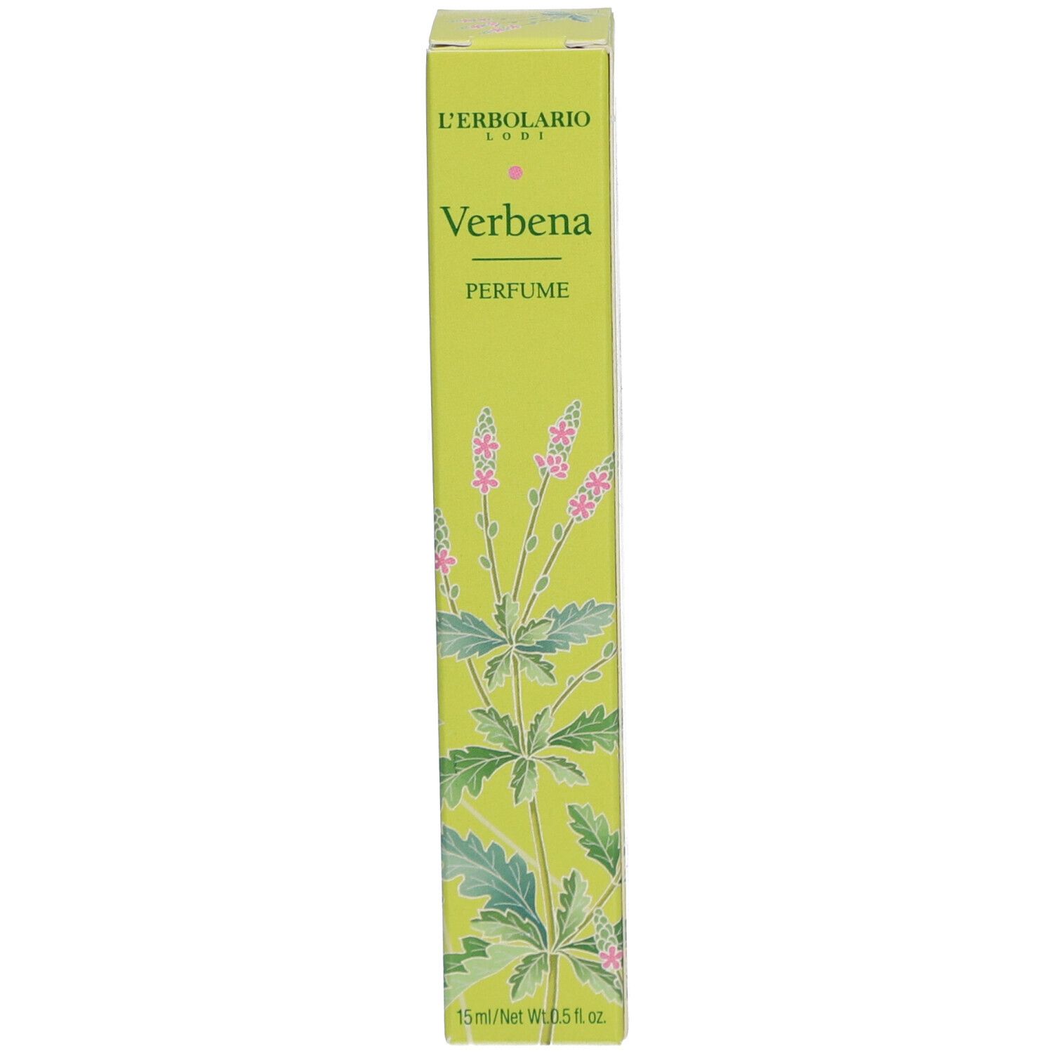 Scatola con scritta: Verbena, Perfume. Illustrazione di una pianta. 15ml/0.5 fl oz.
