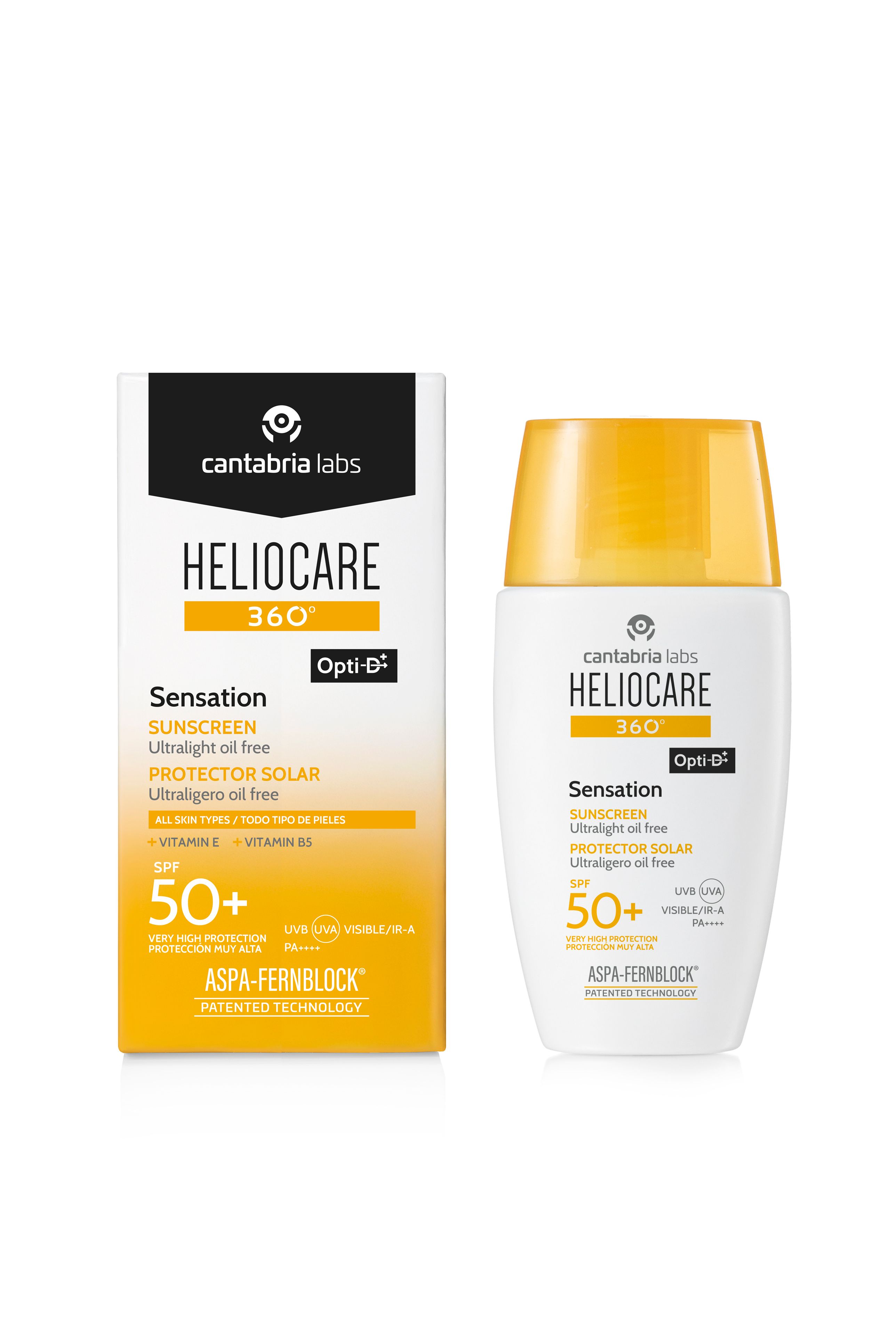 Prodotto e confezione. Scatola bianca e flacone. Scritta: Heliocare 360° Sensation SPF 50+.