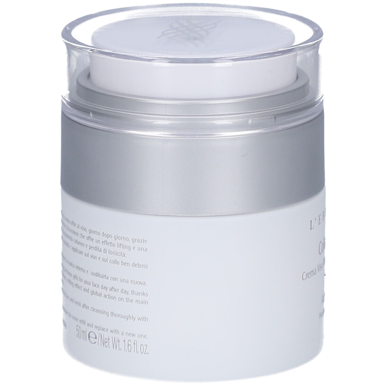 Vaso bianco con coperchio argentato. Testo sul retro. Scritta: L'Erbolario, CollagenAttivo, 50ml.
