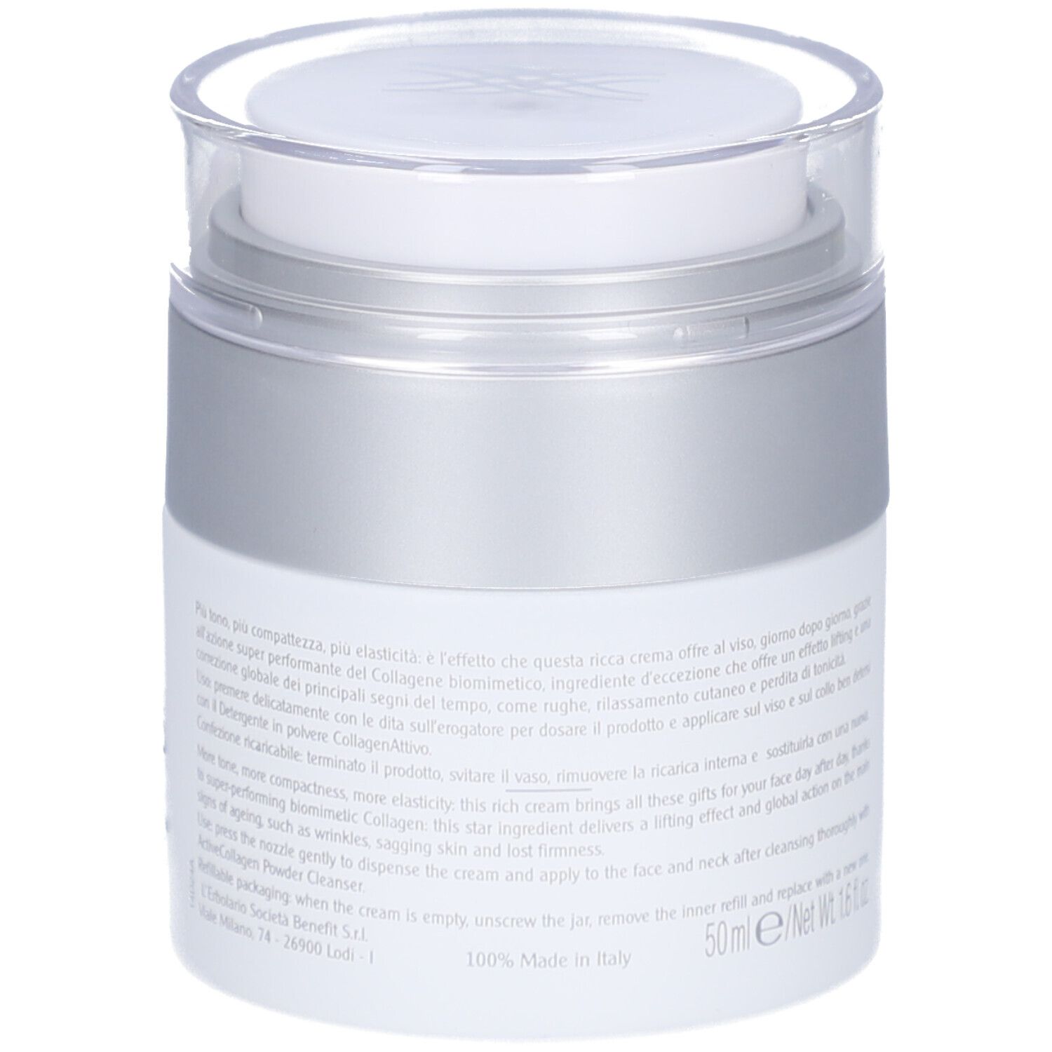 Vaso bianco con coperchio argentato. Testo sul retro. Scritta: L'Erbolario, CollagenAttivo, 50ml.