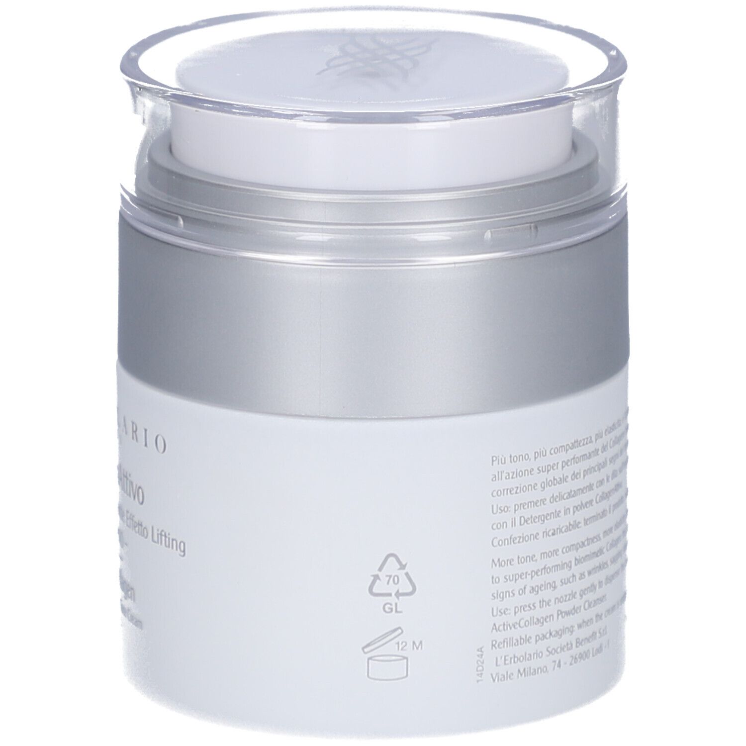 Vaso bianco con coperchio argentato. Testo sul retro. Scritta: L'Erbolario, CollagenAttivo, 50ml.