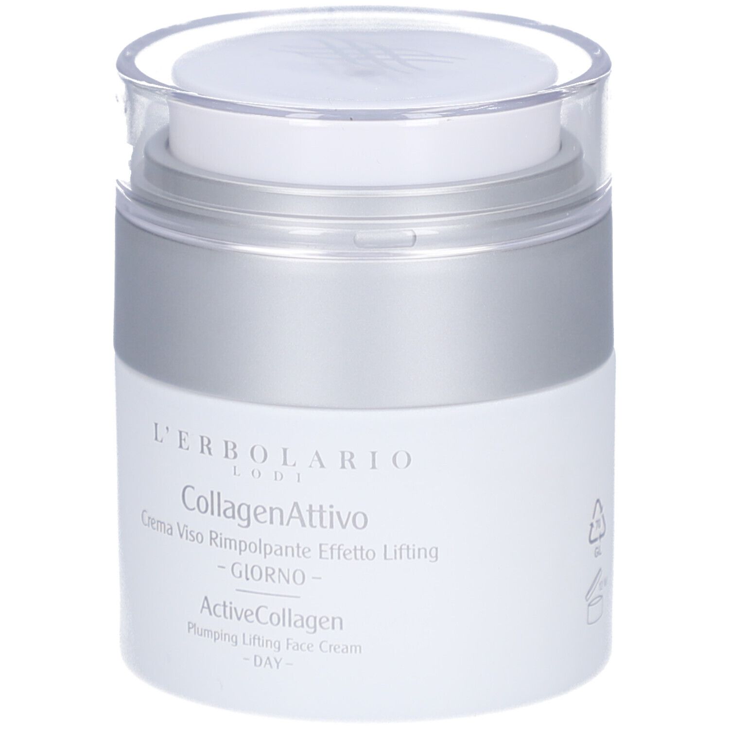 Vaso bianco con coperchio argentato. Scritta: L'Erbolario, CollagenAttivo, ActiveCollagen, crema giorno.