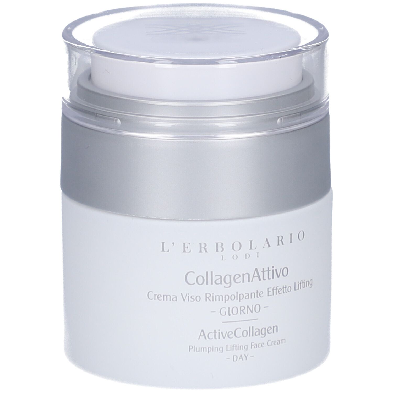 Vaso bianco con coperchio argentato. Scritta: L'Erbolario, CollagenAttivo, ActiveCollagen, crema giorno.