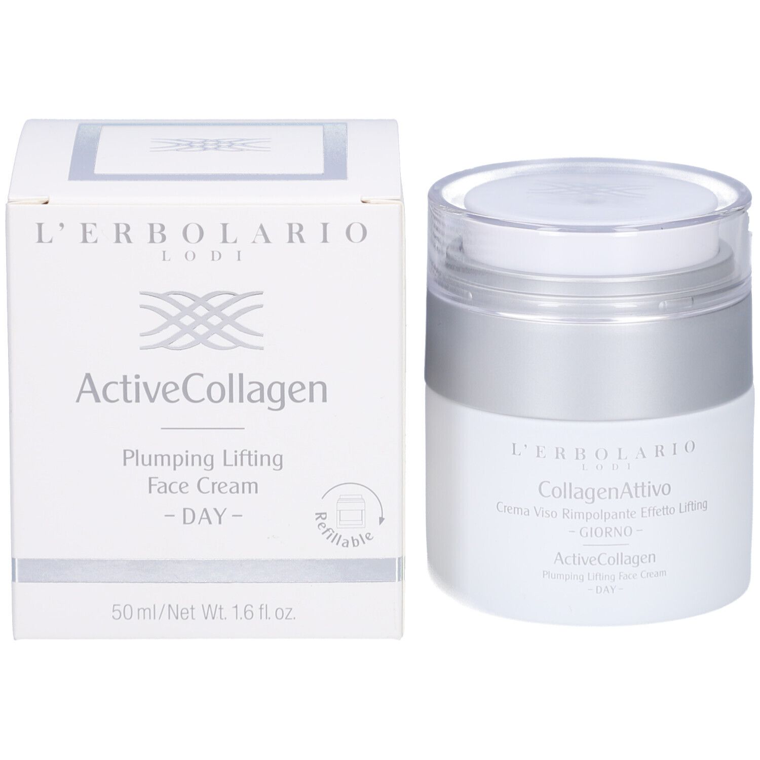 Prodotto e confezione. Vaso e scatola bianchi. Scritta: L'Erbolario, ActiveCollagen, 50ml.