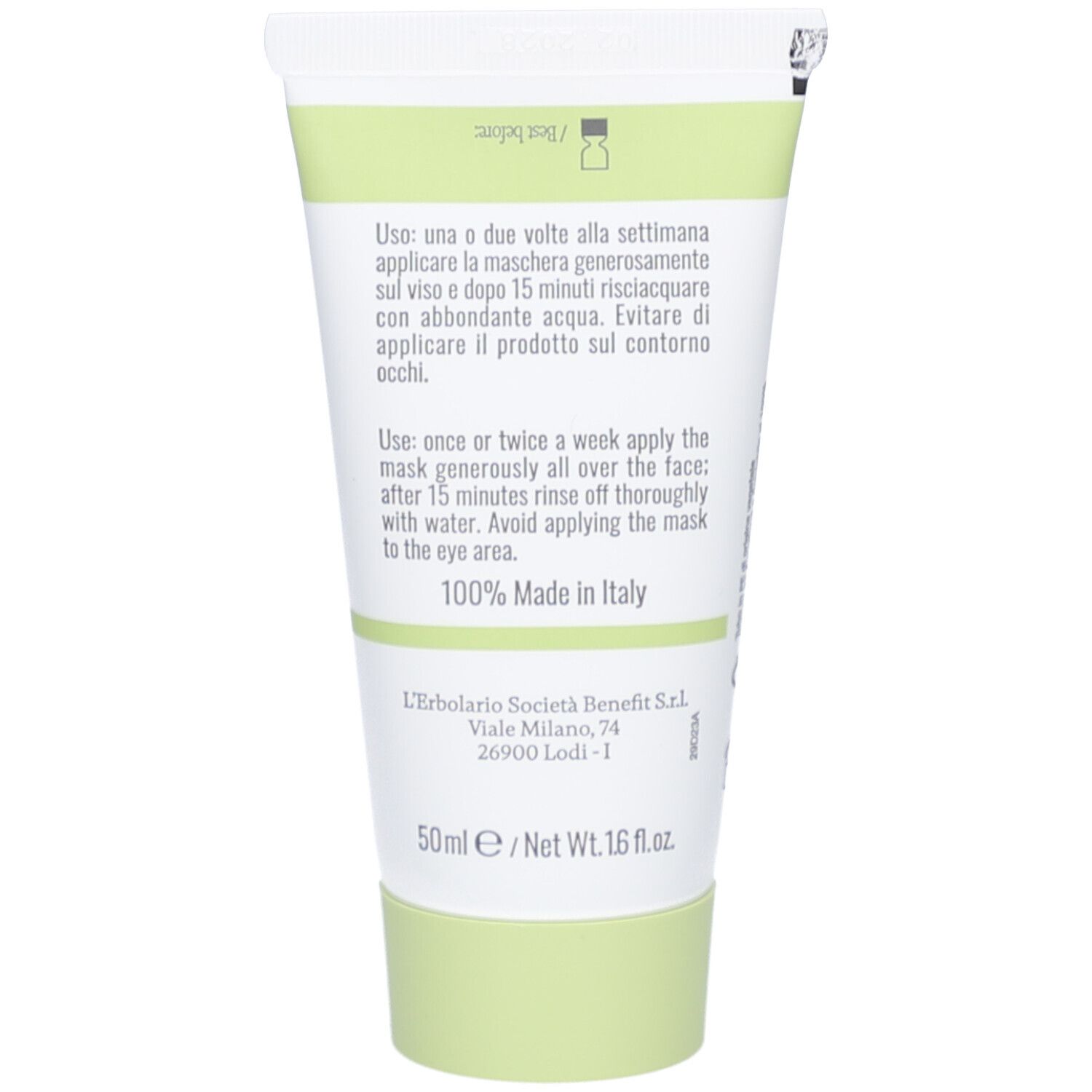 Retro del tubo di crema. Testo: istruzioni per l'uso, 100% Made in Italy, L'Erbolario Società Benefit S.r.l., 50ml / Net Wt. 1.6 fl.oz.