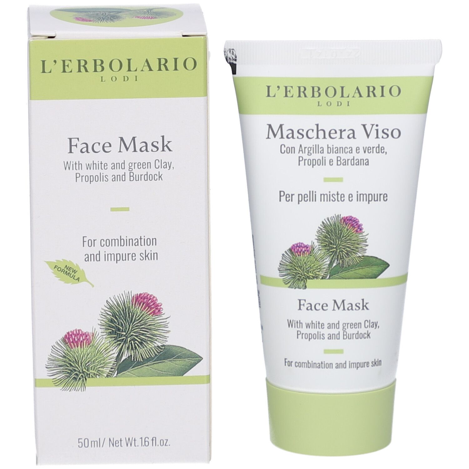 Confezione e tubo del prodotto. Confezione: L'Erbolario, Face Mask. Tubo: L'Erbolario, Maschera Viso, Face Mask. Contiene argilla bianca e verde, propoli e bardana.