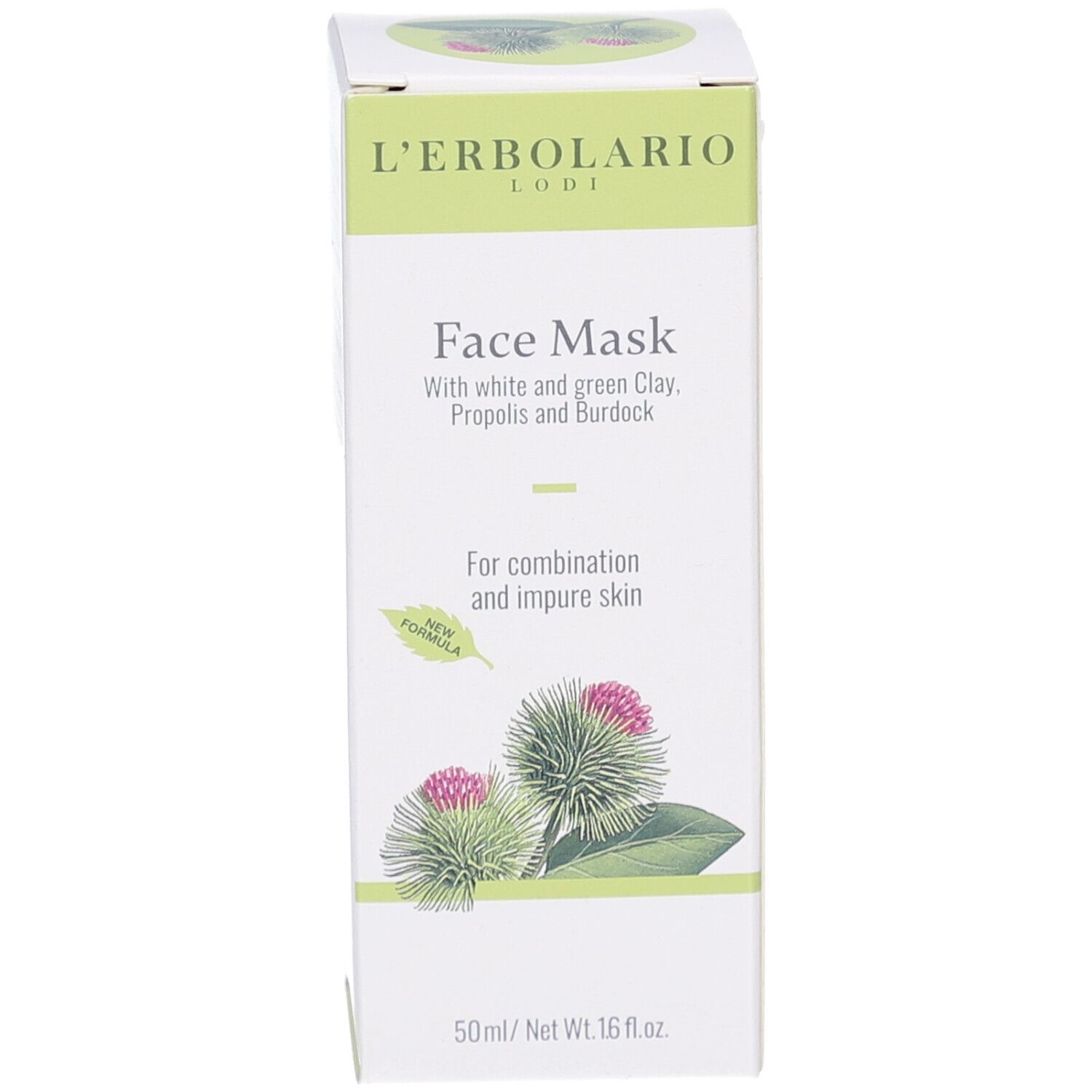 Confezione del prodotto. Scritta: L'Erbolario, Face Mask. Contiene argilla bianca e verde, propoli e bardana. 50ml / Net Wt. 1.6 fl.oz.