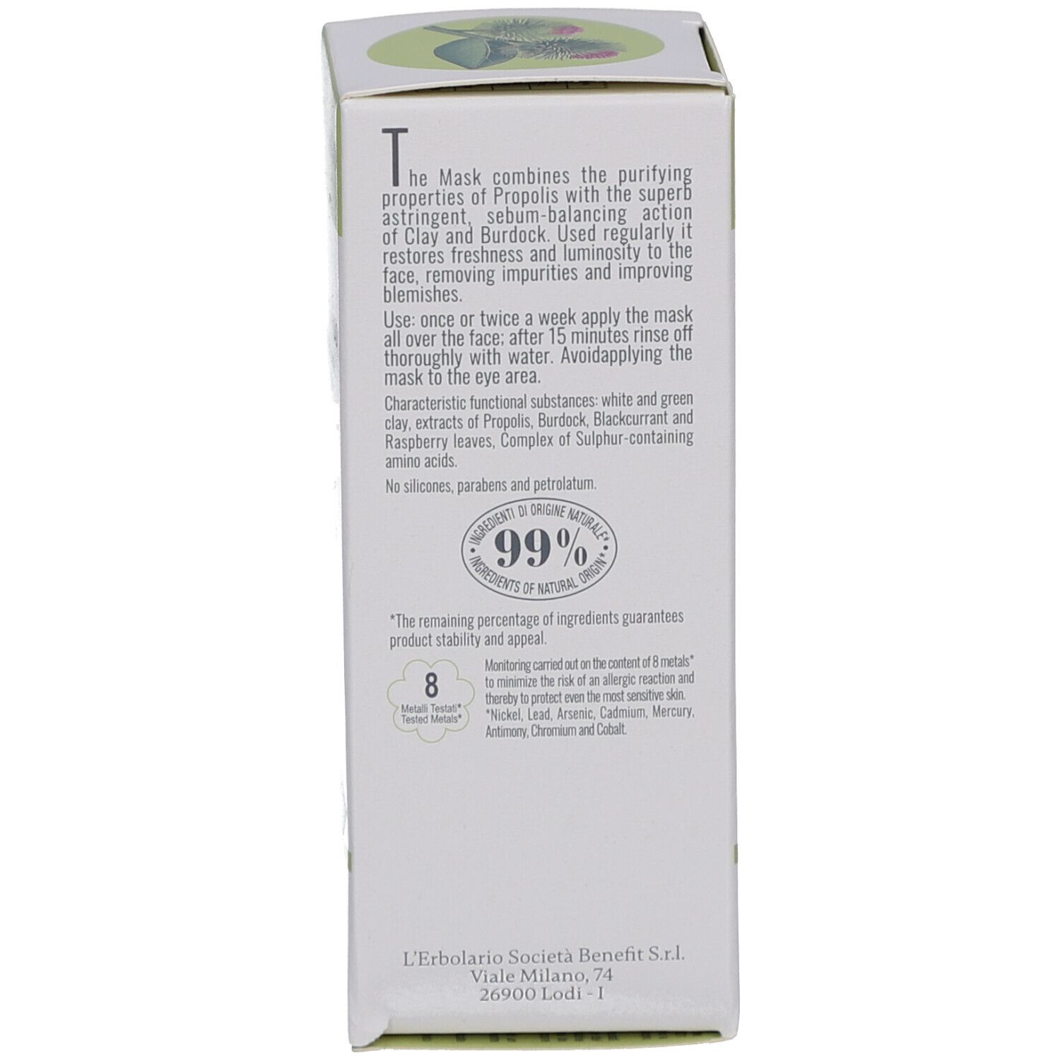 Retro della confezione del prodotto. Testo: ingredienti, 99% ingredienti di origine naturale, 8, L'Erbolario Società Benefit S.r.l.