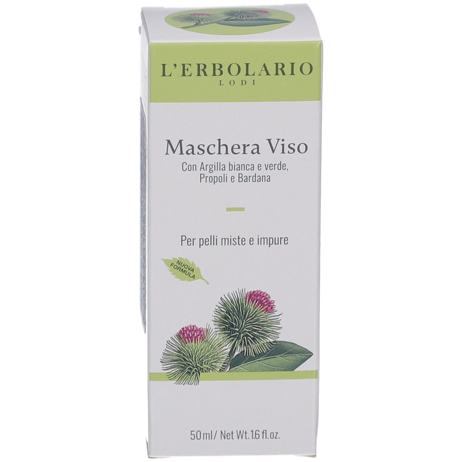 Confezione del prodotto. Scritta: L'Erbolario, Maschera Viso. Contiene argilla bianca e verde, propoli e bardana. 50ml / Net Wt. 1.6 fl.oz.