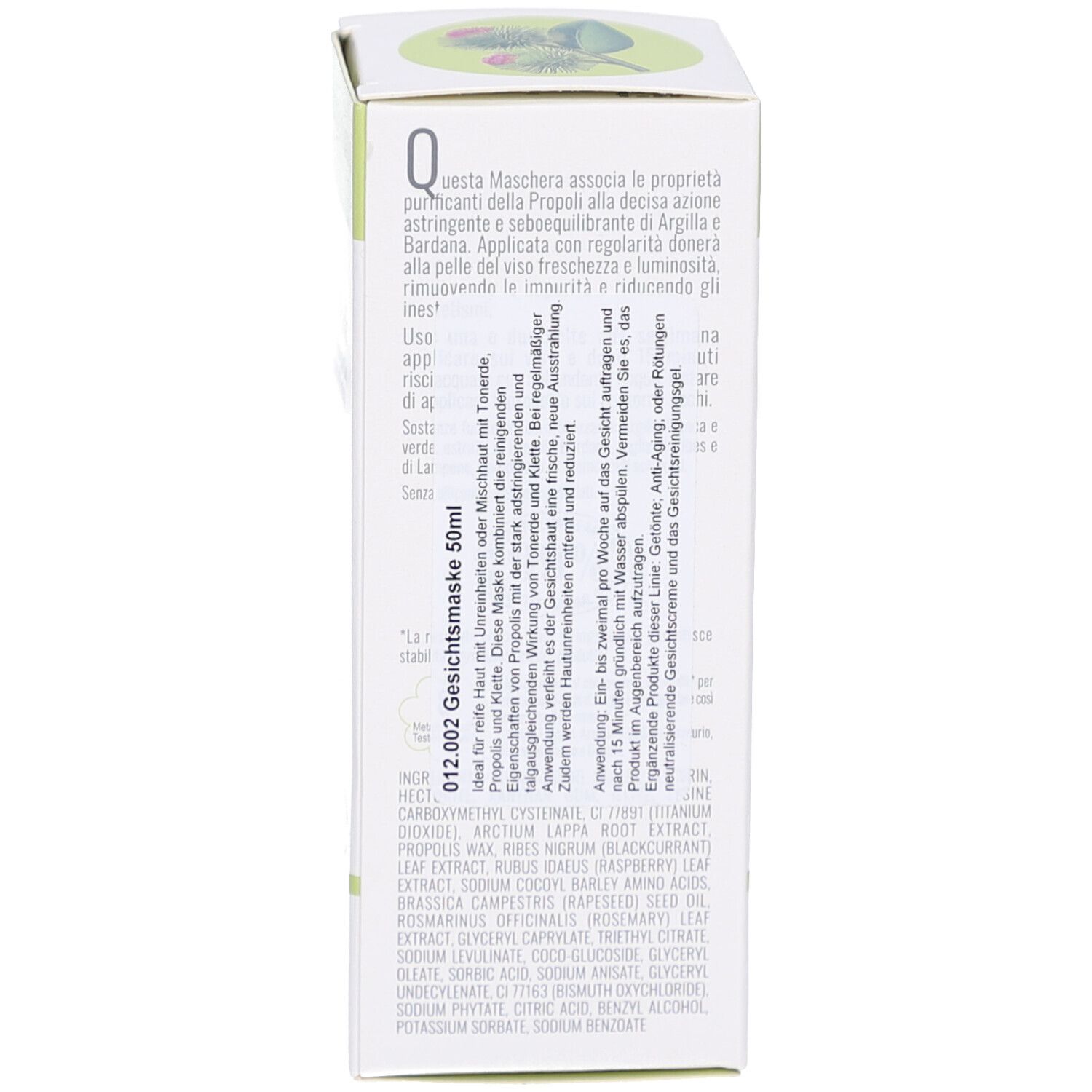 Lato della confezione del prodotto. Testo: istruzioni per l'uso, ingredienti, 012.002 Maschera Viso, L'Erbolario Società Benefit S.r.l.