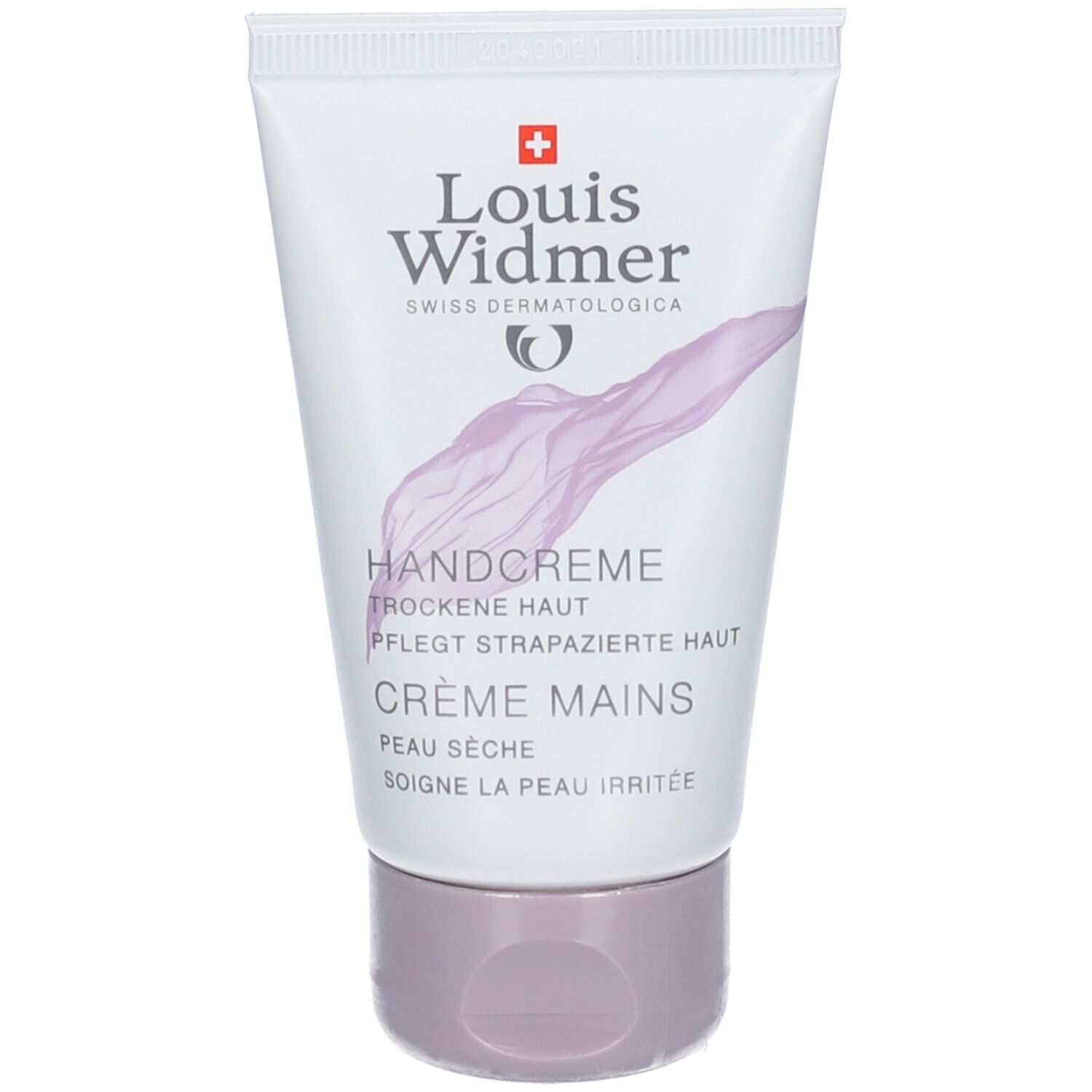 Tubo di crema bianco con logo e nome del prodotto. Testo: Handcreme, pelle secca, Crème Mains. Accento colorato.