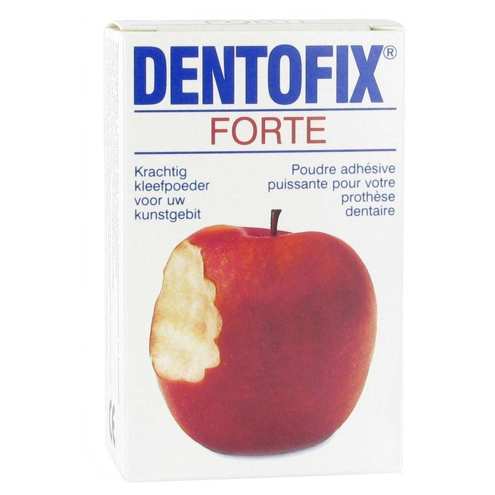 Scatola bianca con testo DENTOFIX FORTE. Rappresentata una mela morsicata. Testo in olandese e francese.