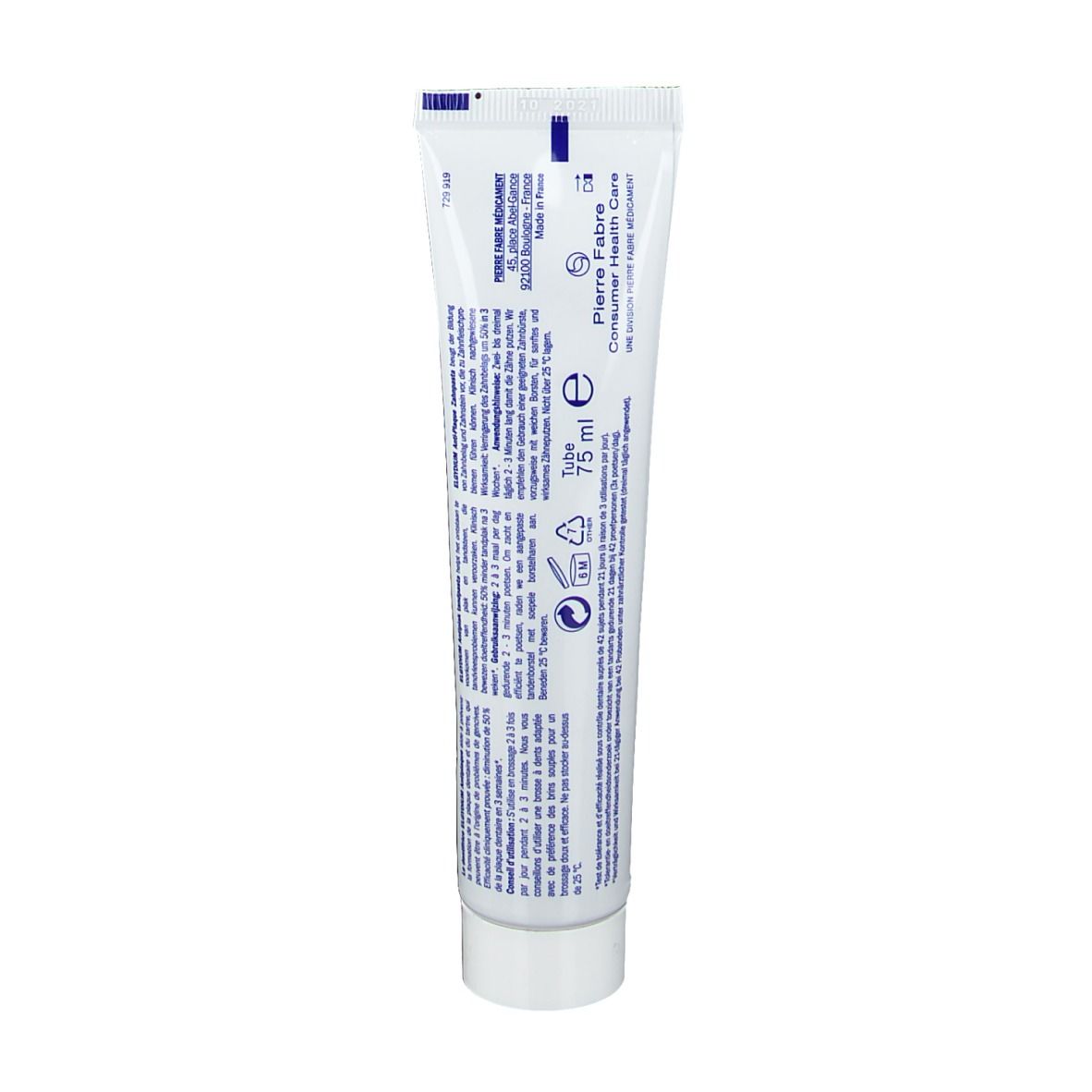 Retro del tubetto di dentifricio ELGYDIUM. Testo multilingue. Pierre Fabre Oral Care. 75 ml.
