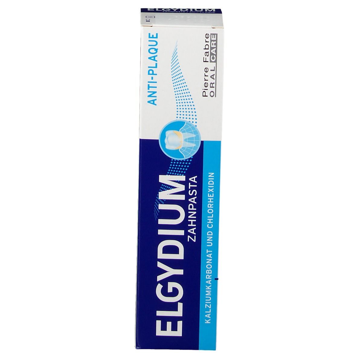 Scatola di dentifricio ELGYDIUM. Scritta: Anti-Plaque. Pierre Fabre Oral Care. Dentifrice/Zahnpasta.