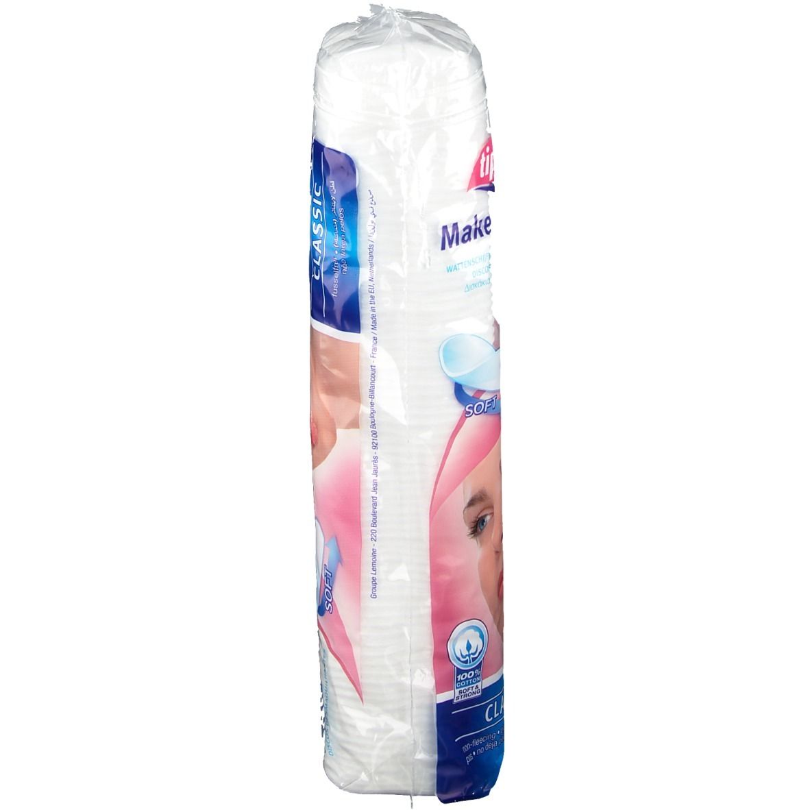 Confezione cilindrica di dischetti struccanti. Scritta: Tippys, Make up Pads, Soft, Classic. Vista laterale.