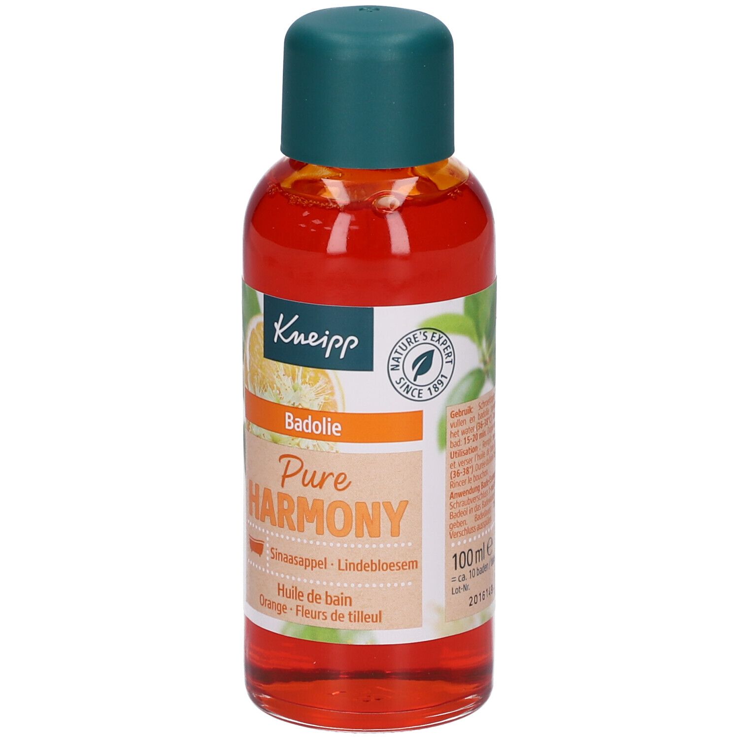 Flacone di olio da bagno Kneipp. Olio arancione con tappo verde. Scritta: Kneipp, Pure Harmony, Badolie, Orange, Fiori di tiglio, 100 ml.