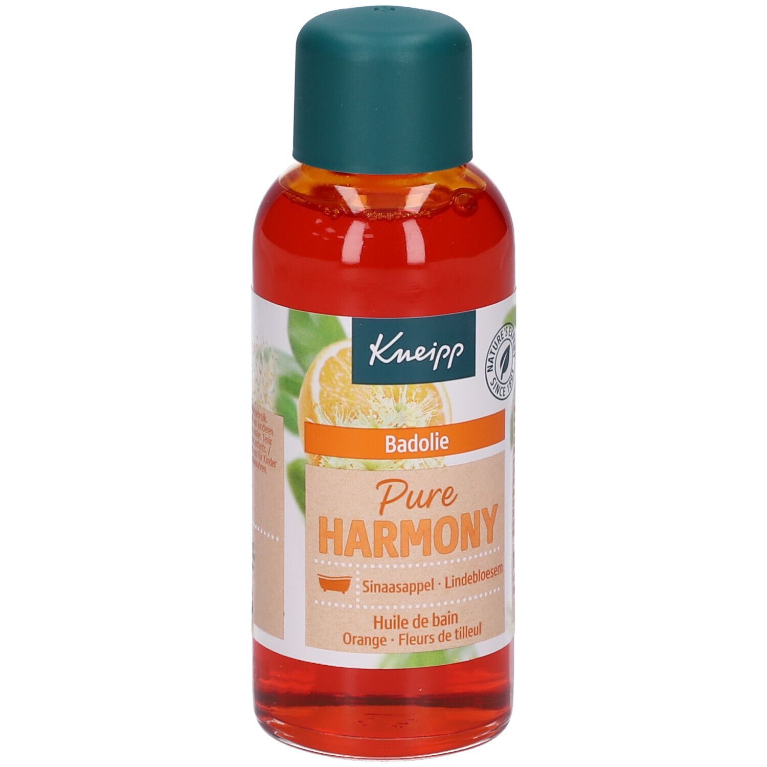 Flacone di olio da bagno Kneipp. Olio arancione con tappo verde. Scritta: Kneipp, Pure Harmony, Badolie, Orange, Fiori di tiglio, 100 ml.