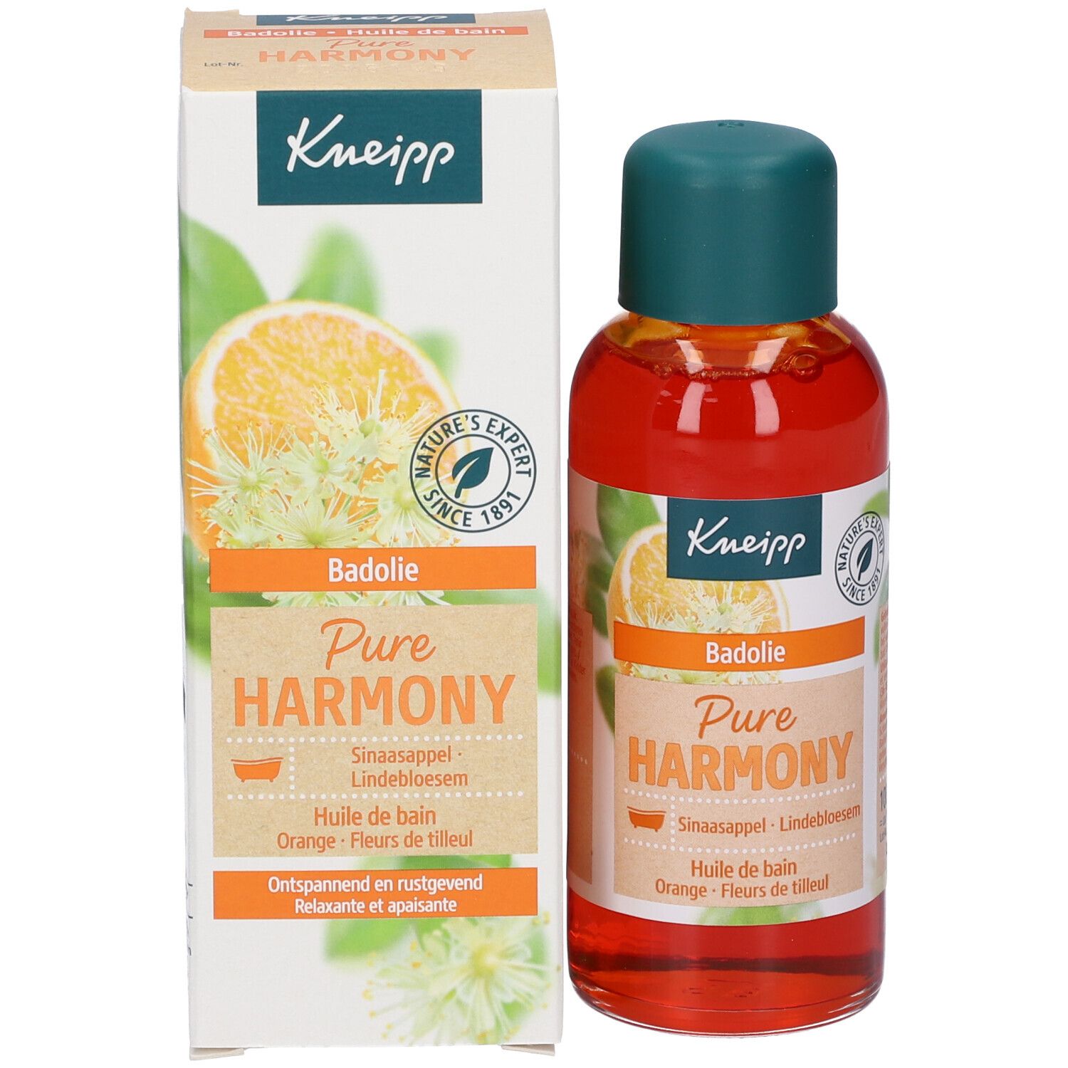 Flacone di olio da bagno Kneipp e confezione. Olio arancione con tappo verde. Scritta: Kneipp, Pure Harmony, Badolie, Orange, Fiori di tiglio.