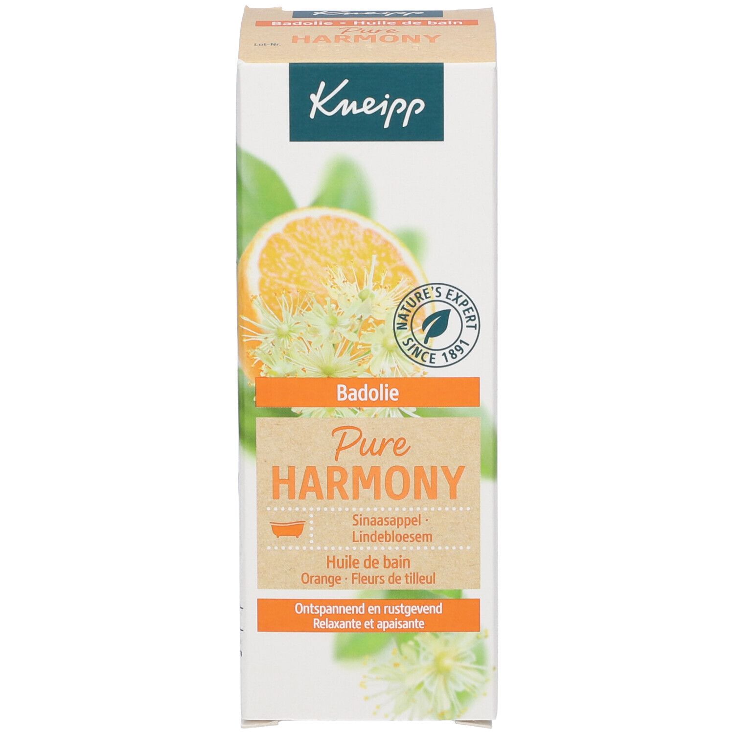 Confezione di olio da bagno Kneipp. Scritta: Kneipp, Pure Harmony, Badolie, Orange, Fiori di tiglio. Elementi arancioni e verdi.