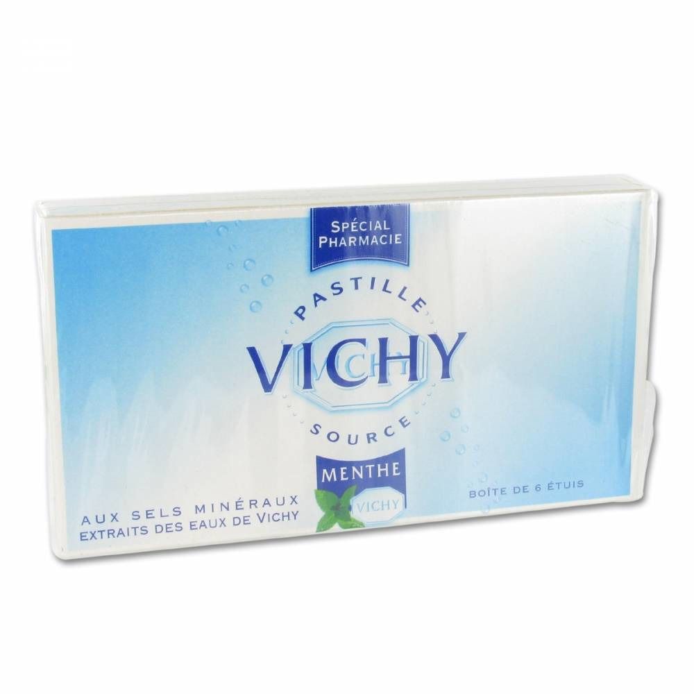 Confezione di pastiglie VICHY MENTHE. Scritta blu e bianca. Contiene sali minerali.