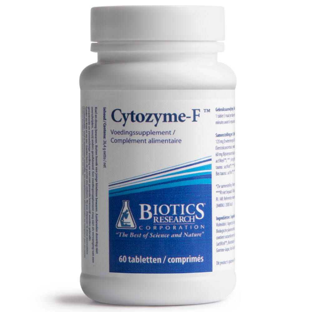 Flacone bianco con Cytozyme-F. Scritta: Biotics Research Corporation. 60 compresse. Voedingssupplement / Complément alimentaire.