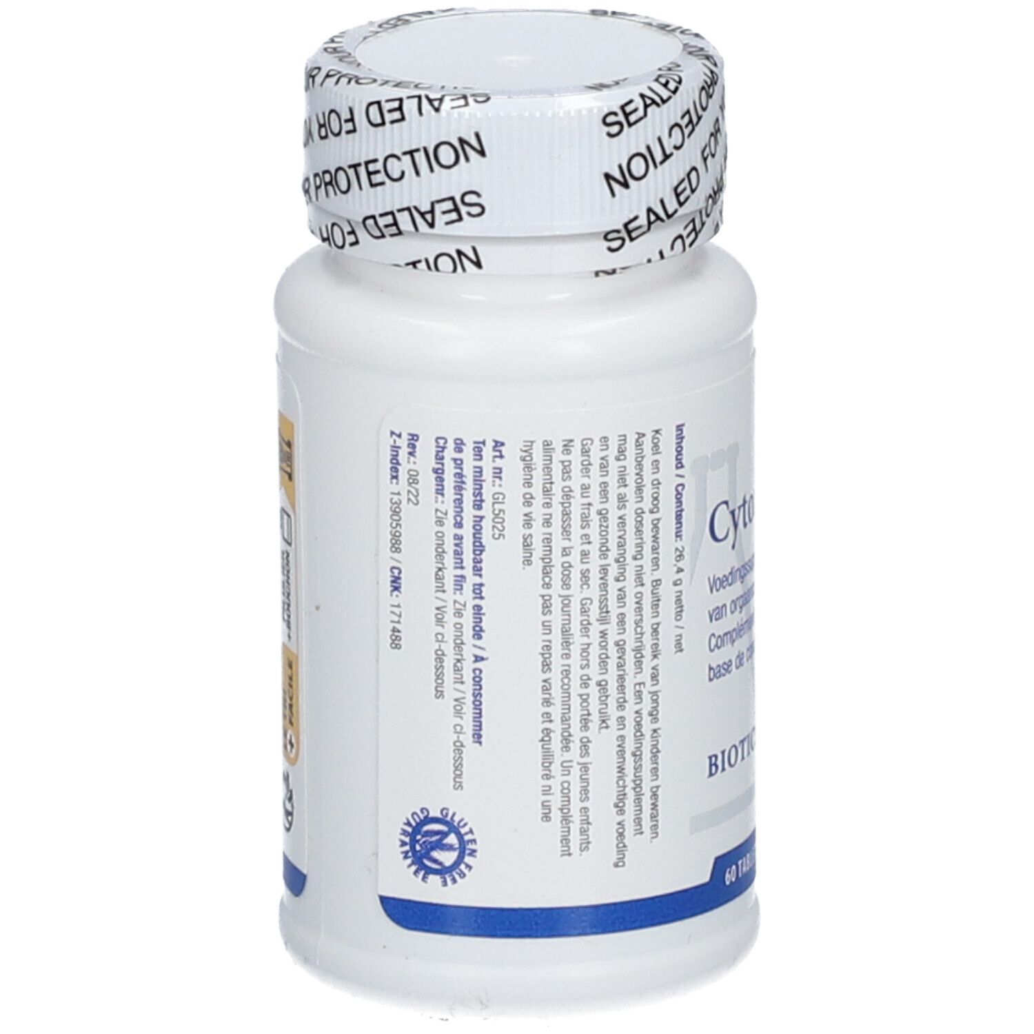 Retro di un flacone Cytozyme-F con informazioni dettagliate e 60 compresse.