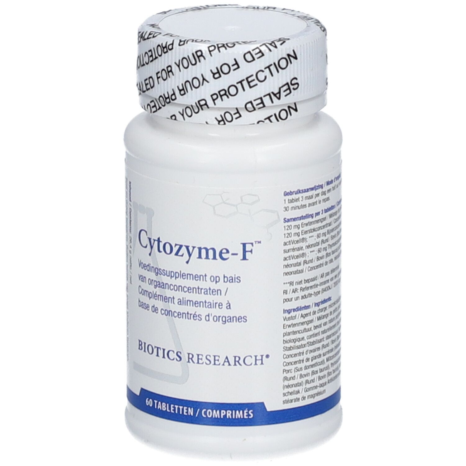 Flacone bianco con etichetta Cytozyme-F e tappo sigillato, 60 compresse.