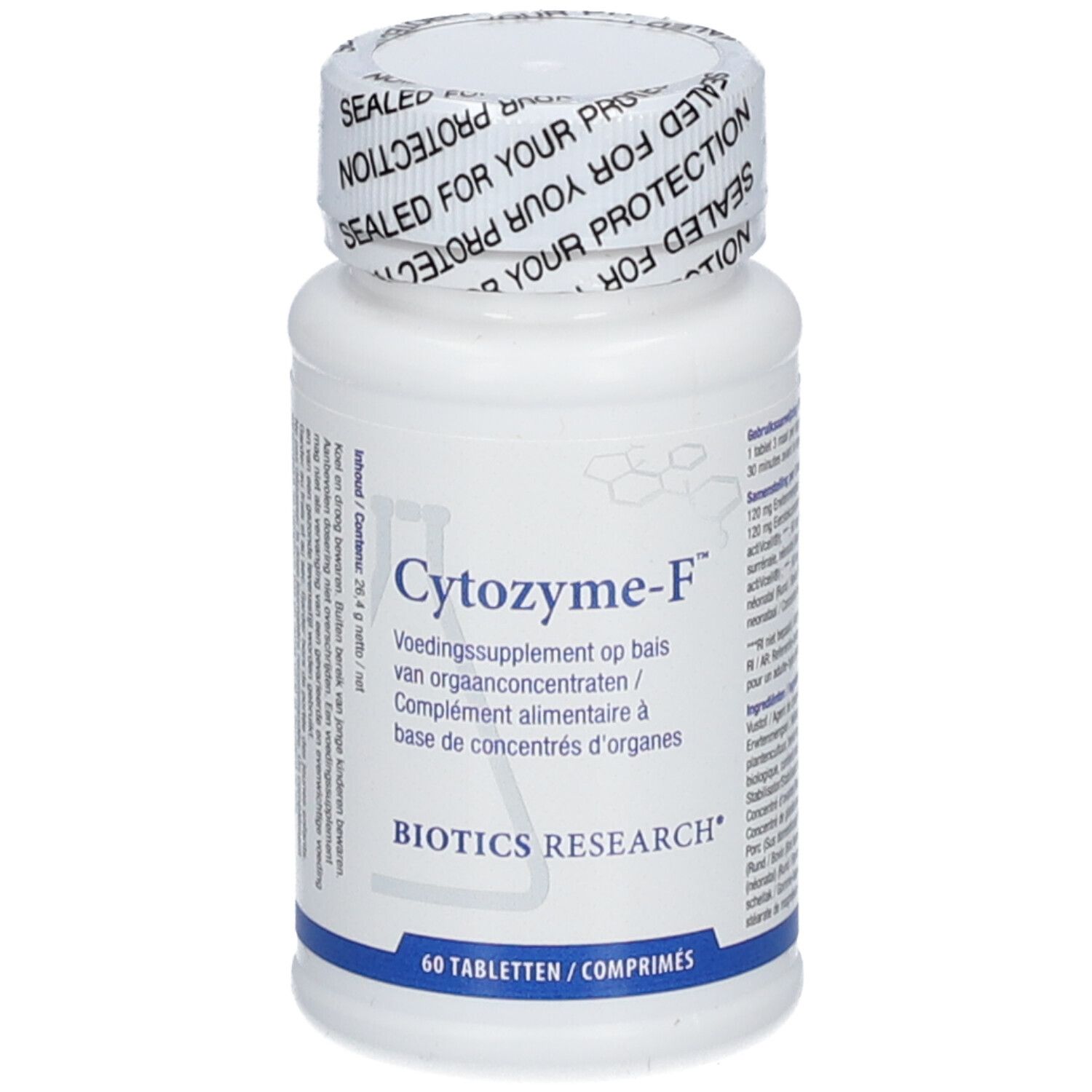 Flacone bianco con etichetta Cytozyme-F e tappo sigillato, 60 compresse.