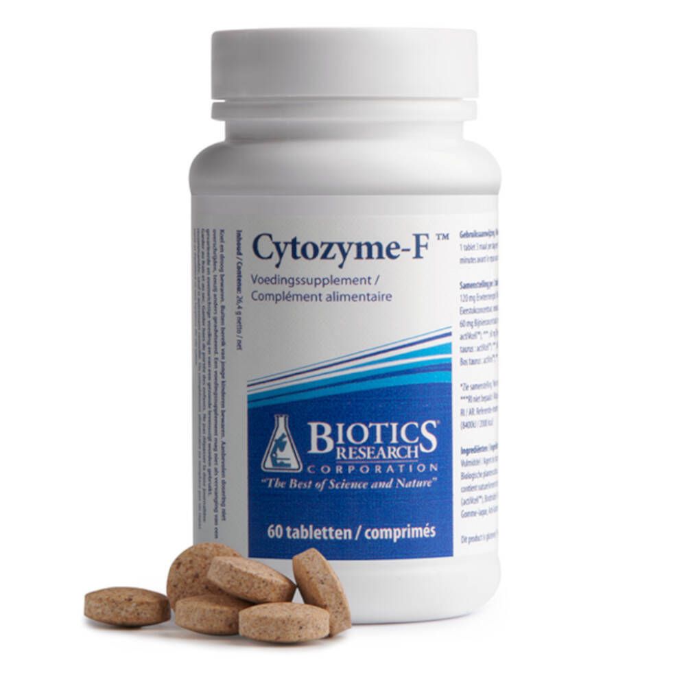 Flacone bianco Cytozyme-F e compresse. Scritta: Biotics Research Corporation. 60 compresse. Voedingssupplement / Complément alimentaire.