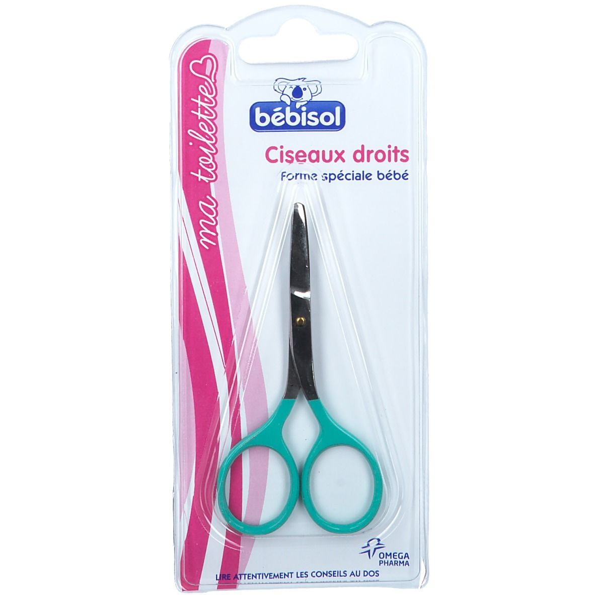Forbici bébisol con manici verdi, in confezione blister trasparente. Testo: Ciseaux droits, Forme spéciale bébé.