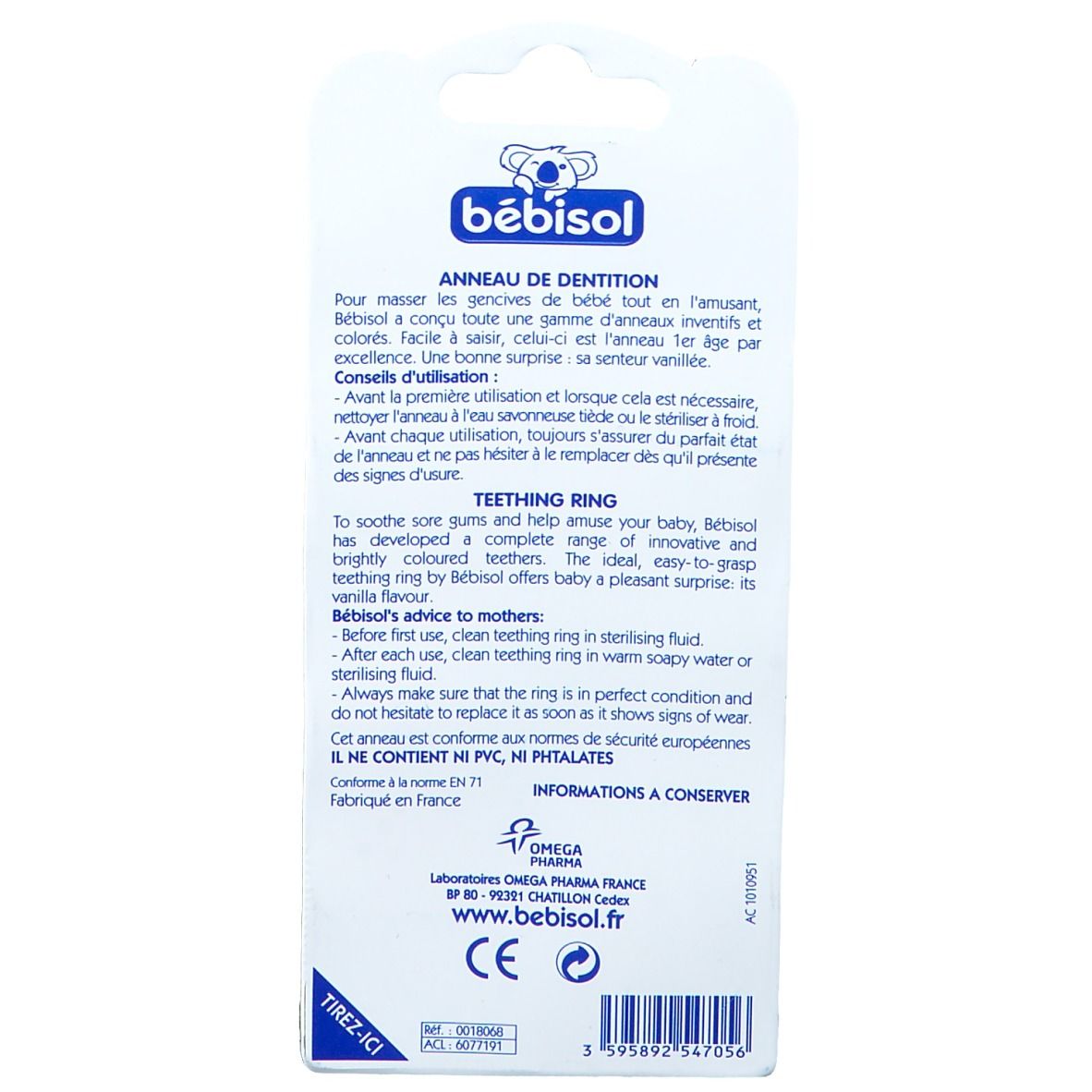 Retro della confezione. Testo: Bébisol, Anneau de dentition. Informazioni sull'uso e la cura dell'anello.