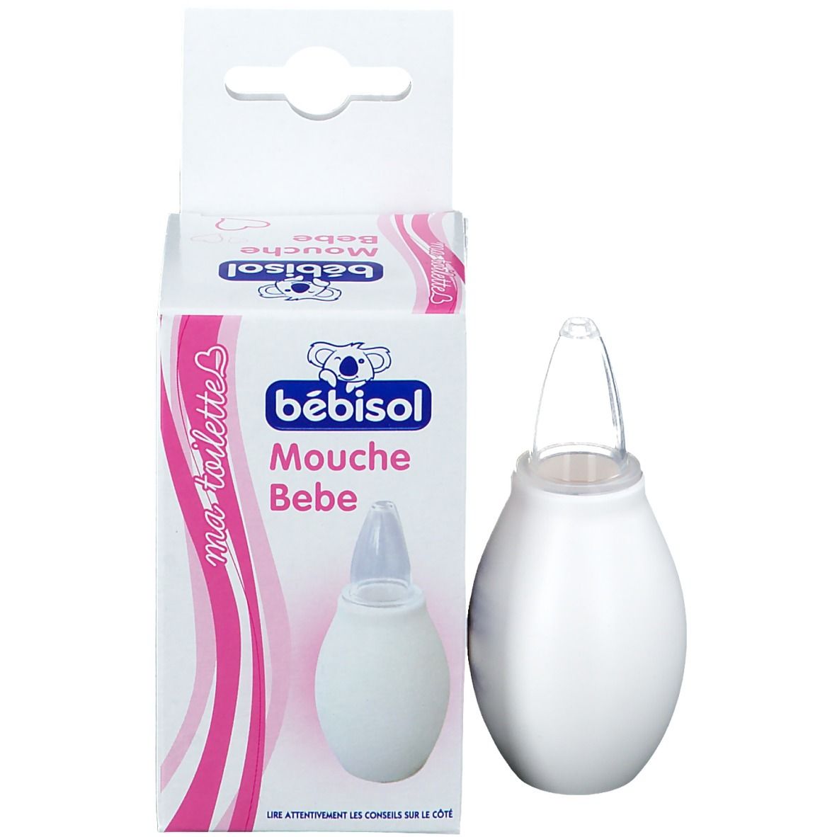 Confezione con siringa nasale. Scatola con immagine del prodotto e scritta 'bébisol'.