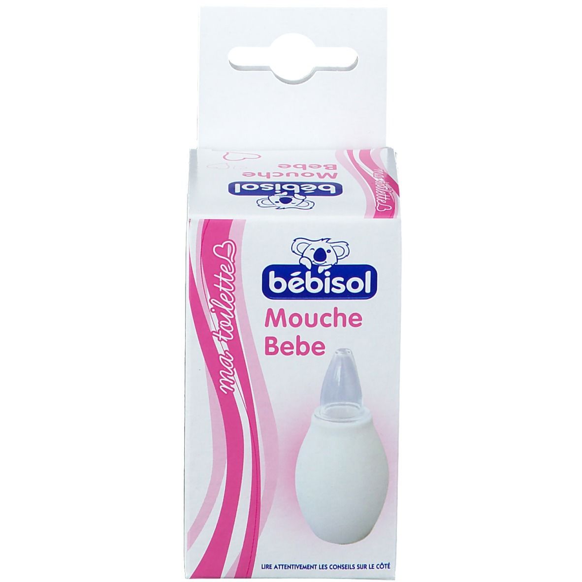 Confezione con siringa nasale. Scatola con immagine del prodotto e scritta 'bébisol'.