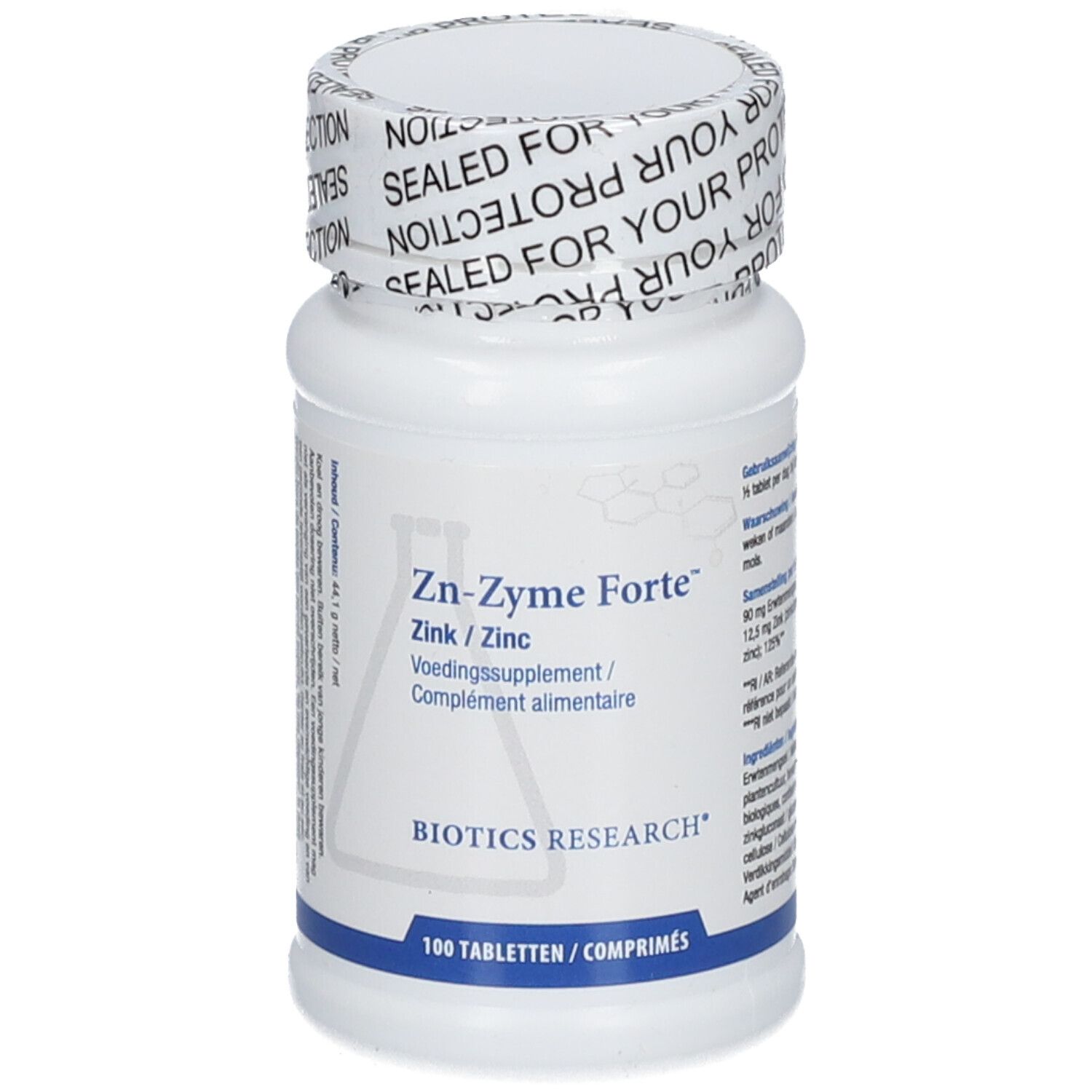 Flacone bianco Zn-Zyme Forte. Scritta: Zink/Zinc, Voedingssupplement/Complément alimentaire. Biotics Research.