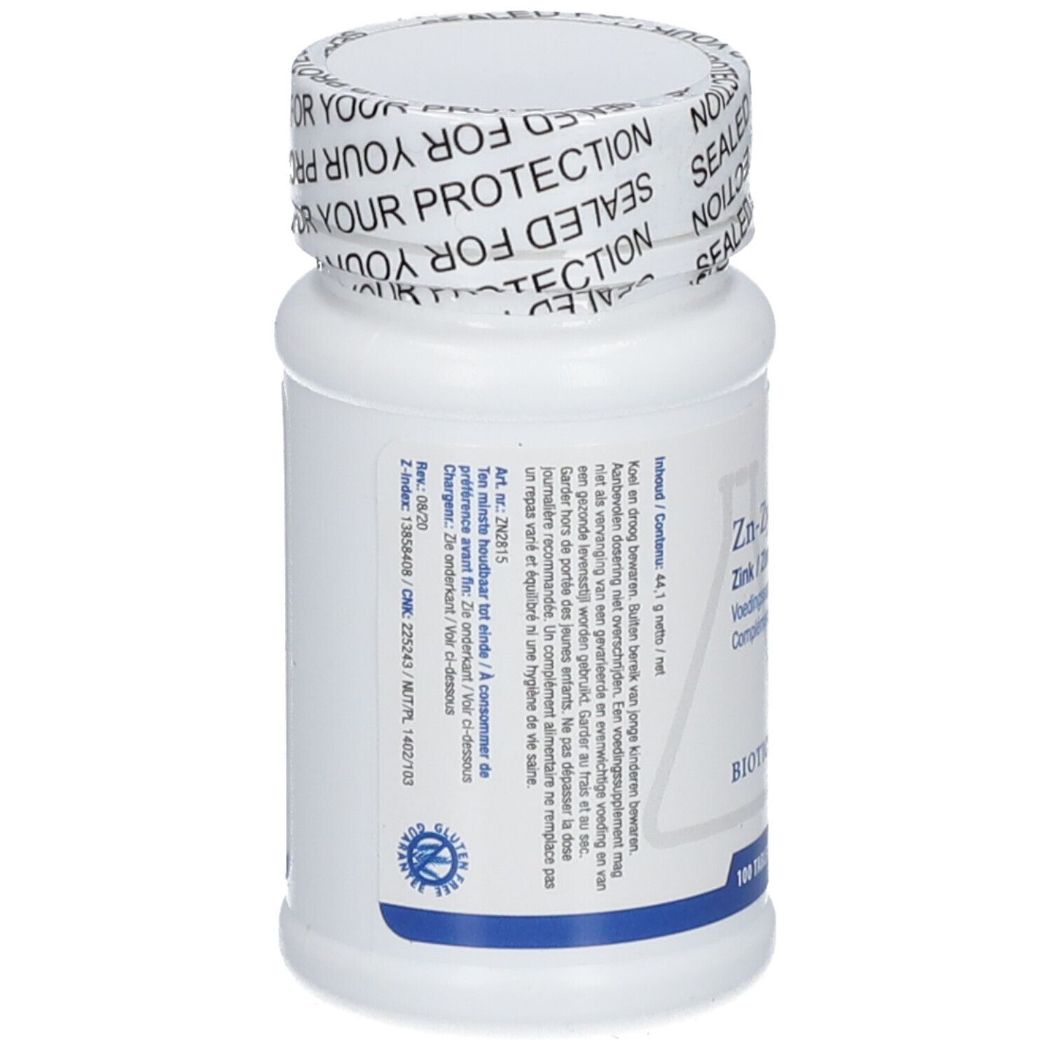Retro del flacone bianco Zn-Zyme Forte. Testo multilingue. 100 compresse. Biotics Research.