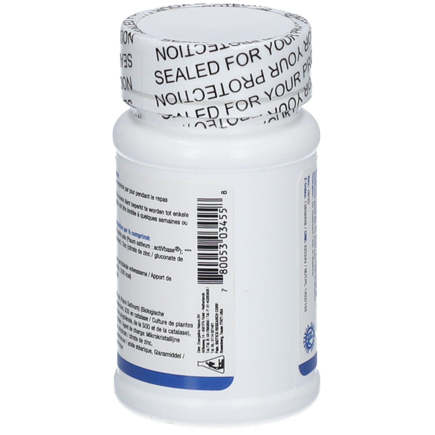 Retro del flacone bianco Zn-Zyme Forte. Codice a barre. Testo multilingue. Biotics Research.