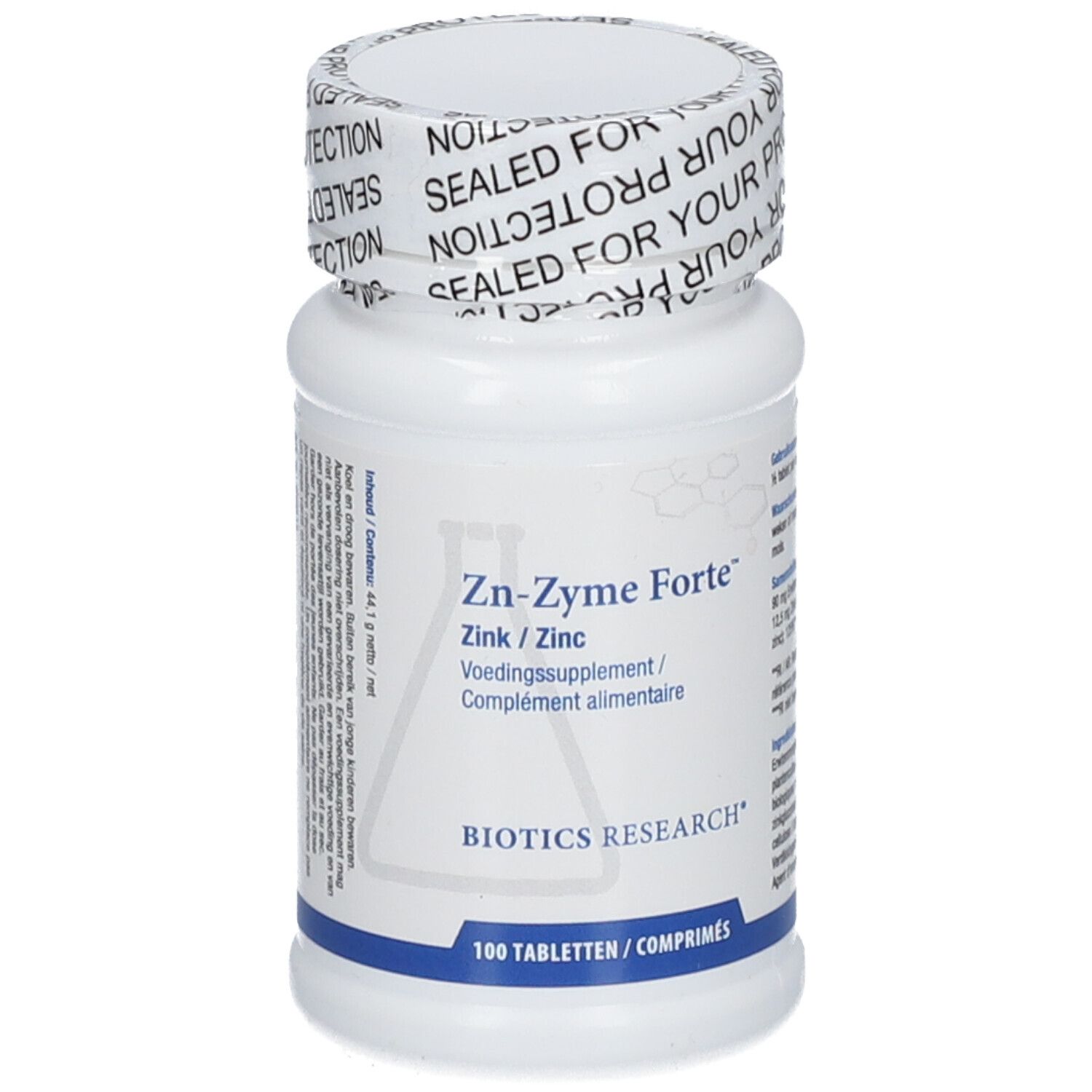 Flacone bianco Zn-Zyme Forte. Scritta: Zink/Zinc, Voedingssupplement/Complément alimentaire. Biotics Research. 100 compresse.