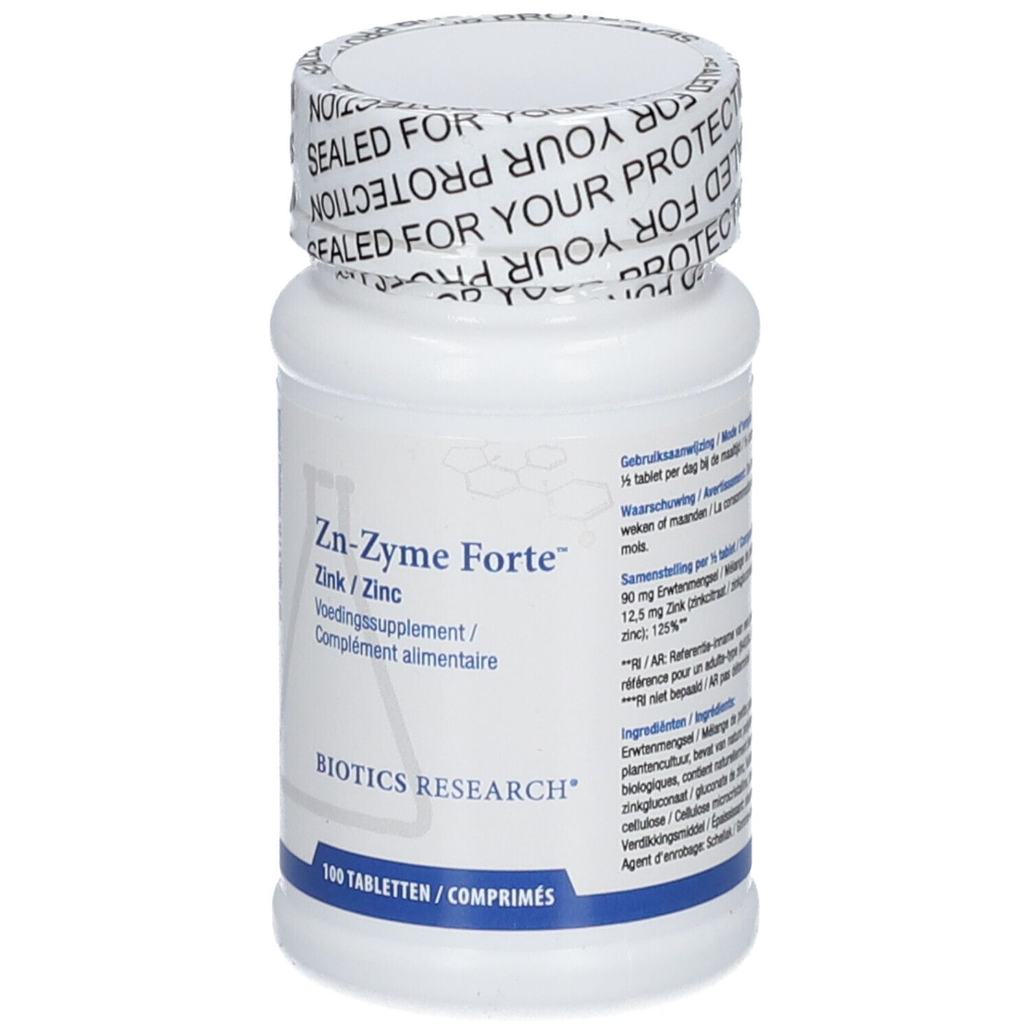 Flacone bianco Zn-Zyme Forte. Scritta: Zink/Zinc, Voedingssupplement/Complément alimentaire. Biotics Research. 100 compresse.