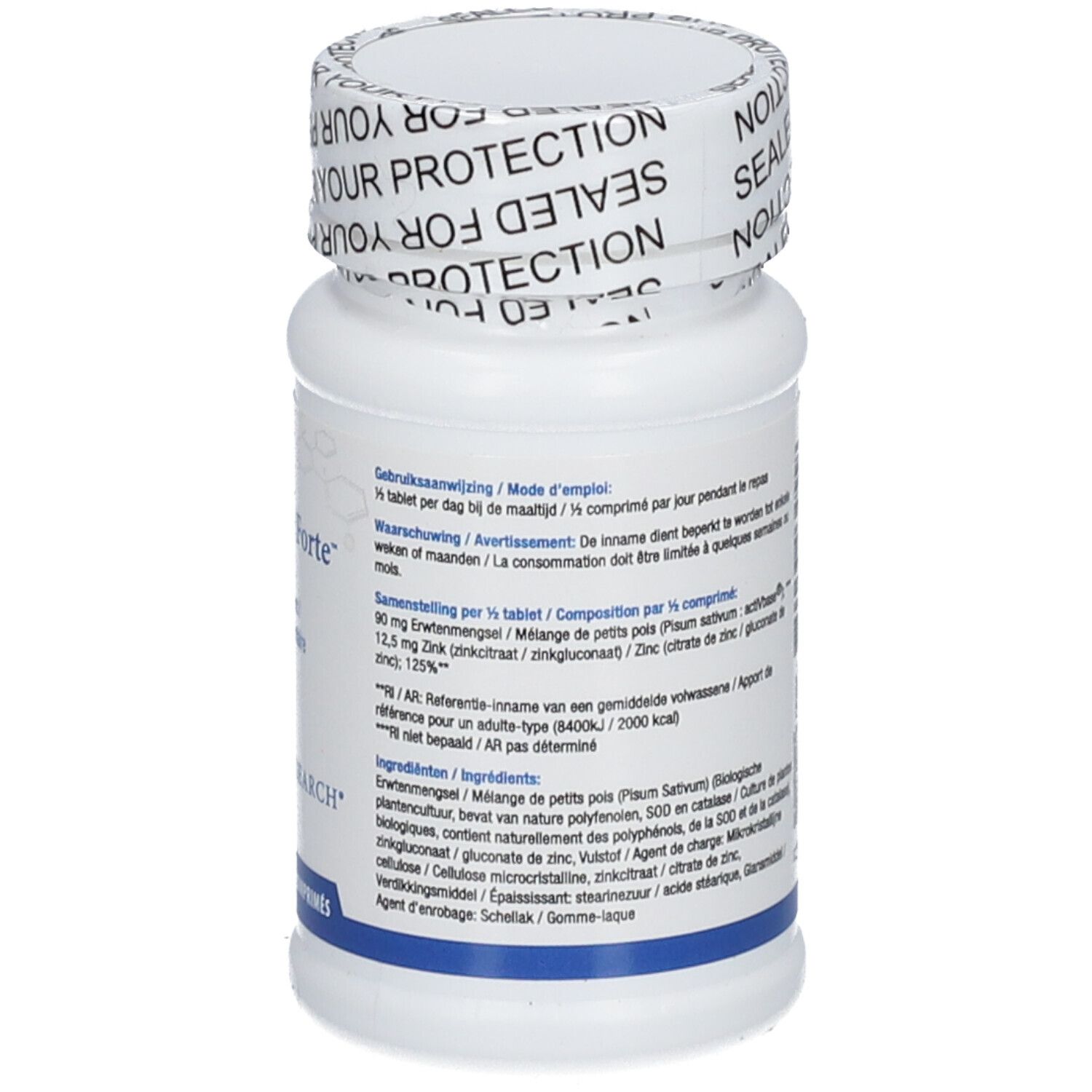 Retro del flacone bianco Zn-Zyme Forte. Testo multilingue. Biotics Research. 100 compresse.