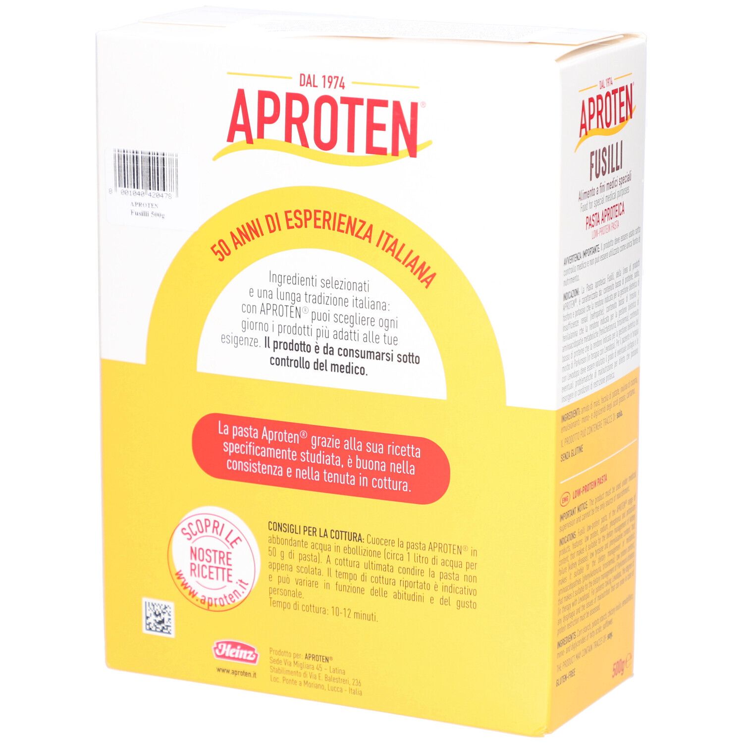Retro della confezione di fusilli APROTEN. Sfondo giallo con informazioni sul prodotto e testo. 50 anni di esperienza culinaria italiana.