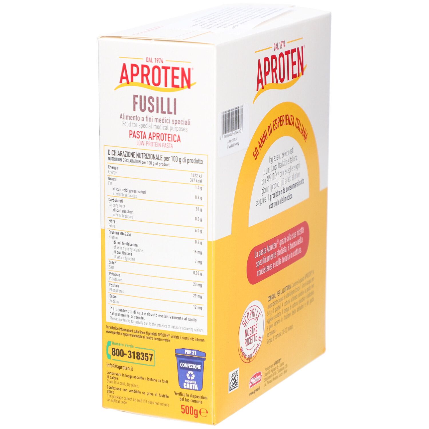 Confezione di fusilli APROTEN. Confezione gialla e bianca con nome del prodotto e informazioni nutrizionali. Tabella nutrizionale e contatti.