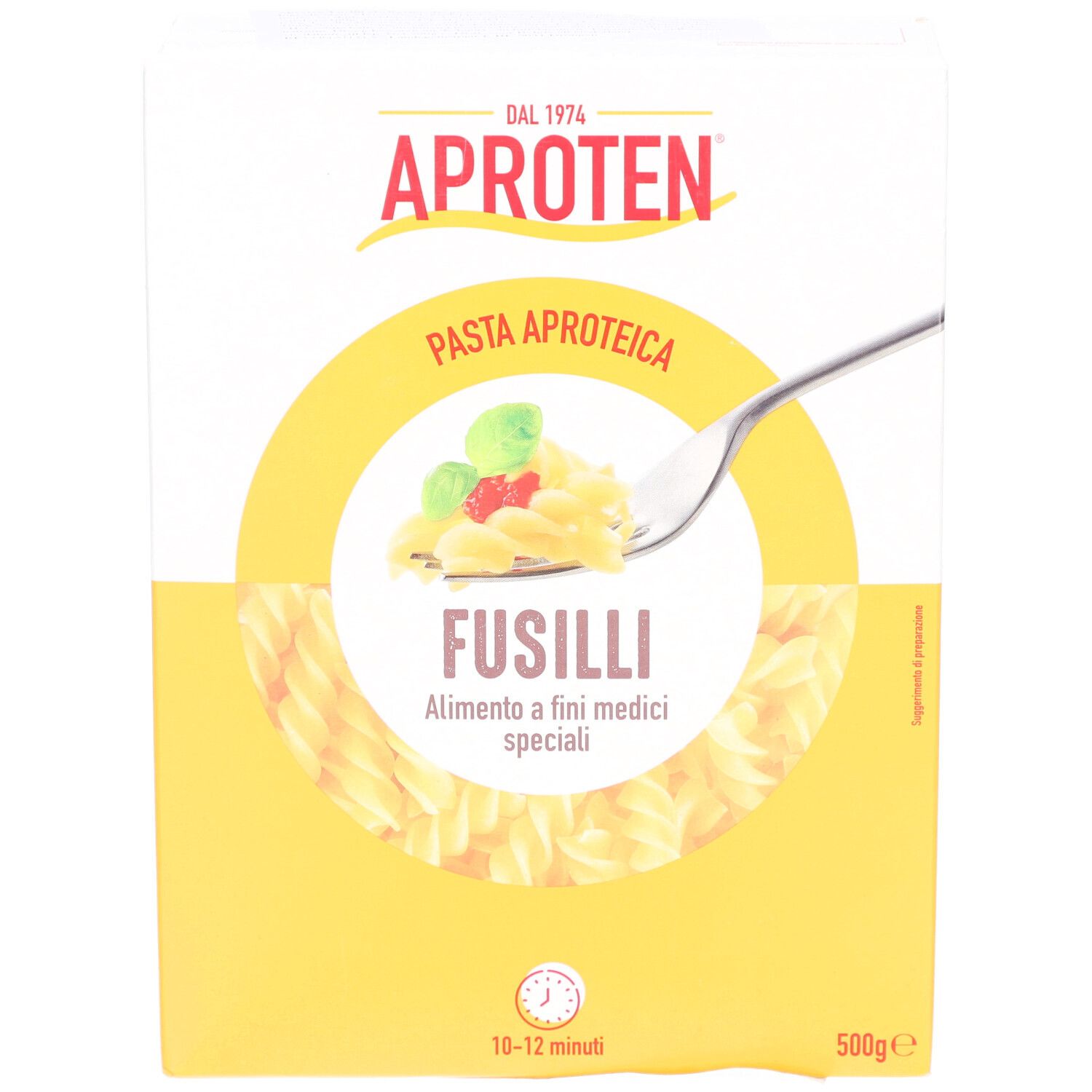 Confezione di fusilli APROTEN. Confezione gialla e bianca con nome del prodotto e informazioni nutrizionali. Pasta fusilli visibile.
