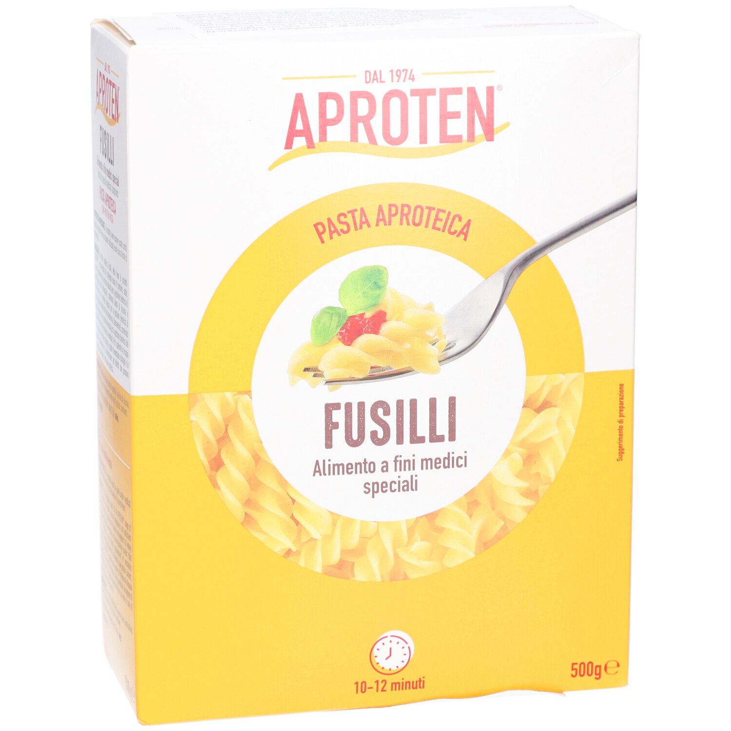 Confezione di fusilli APROTEN. Confezione gialla e bianca con nome del prodotto e informazioni nutrizionali. Pasta fusilli visibile.