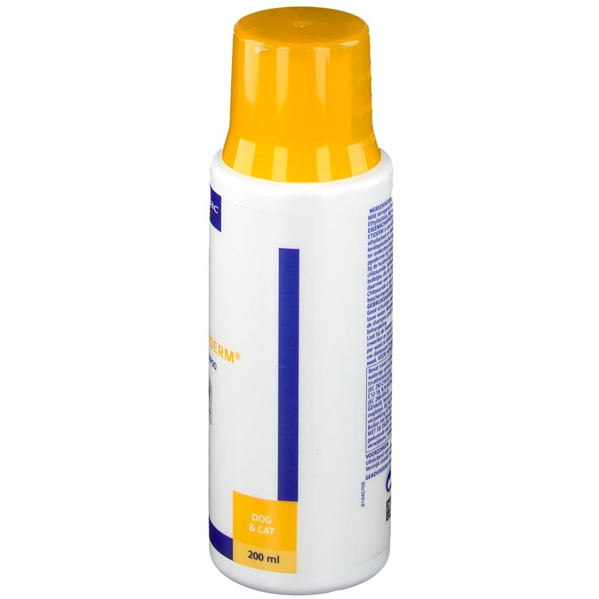 Flacone bianco con tappo giallo. Strisce blu. Scritta: Dog & Cat, 200 ml.