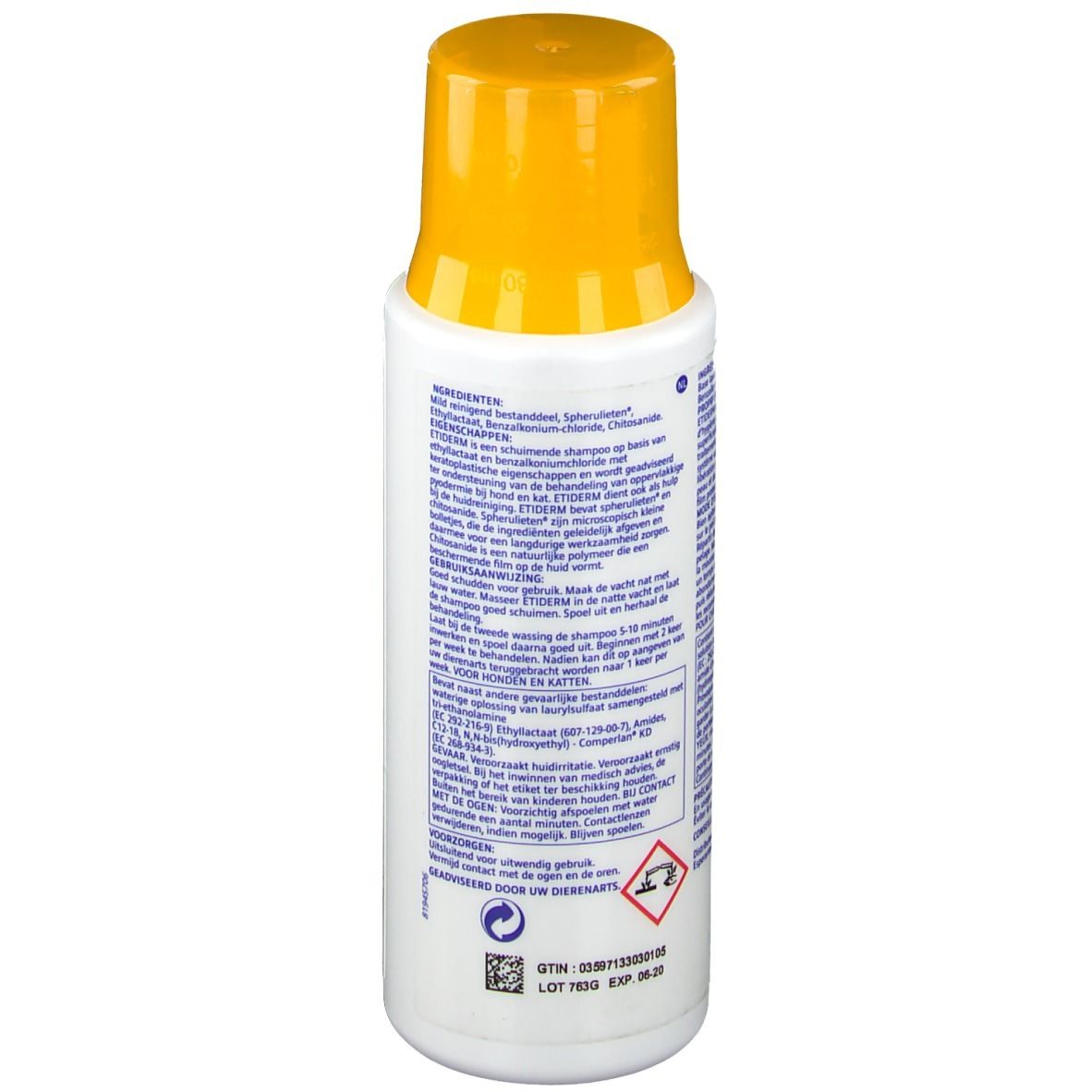 Flacone bianco con tappo giallo. Retro con testo. Contiene 200 ml. Simbolo di pericolo.