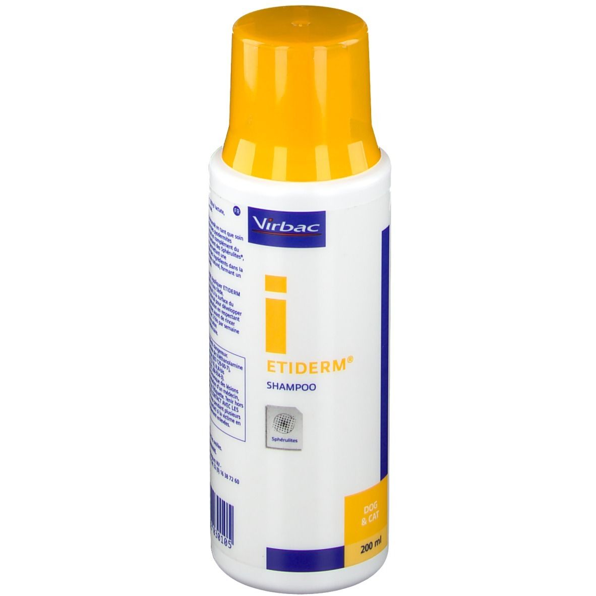 Flacone bianco con tappo giallo. Scritta: Etiderm Shampoo, logo Virbac. Contiene 200 ml.
