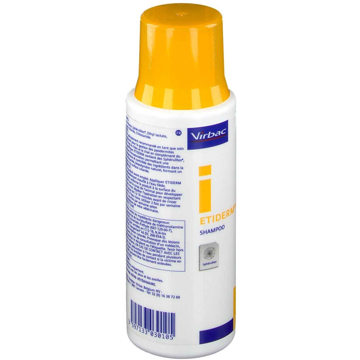 Flacone bianco con tappo giallo. Scritta: Etiderm Shampoo. Retro con testo. Contiene 200 ml.