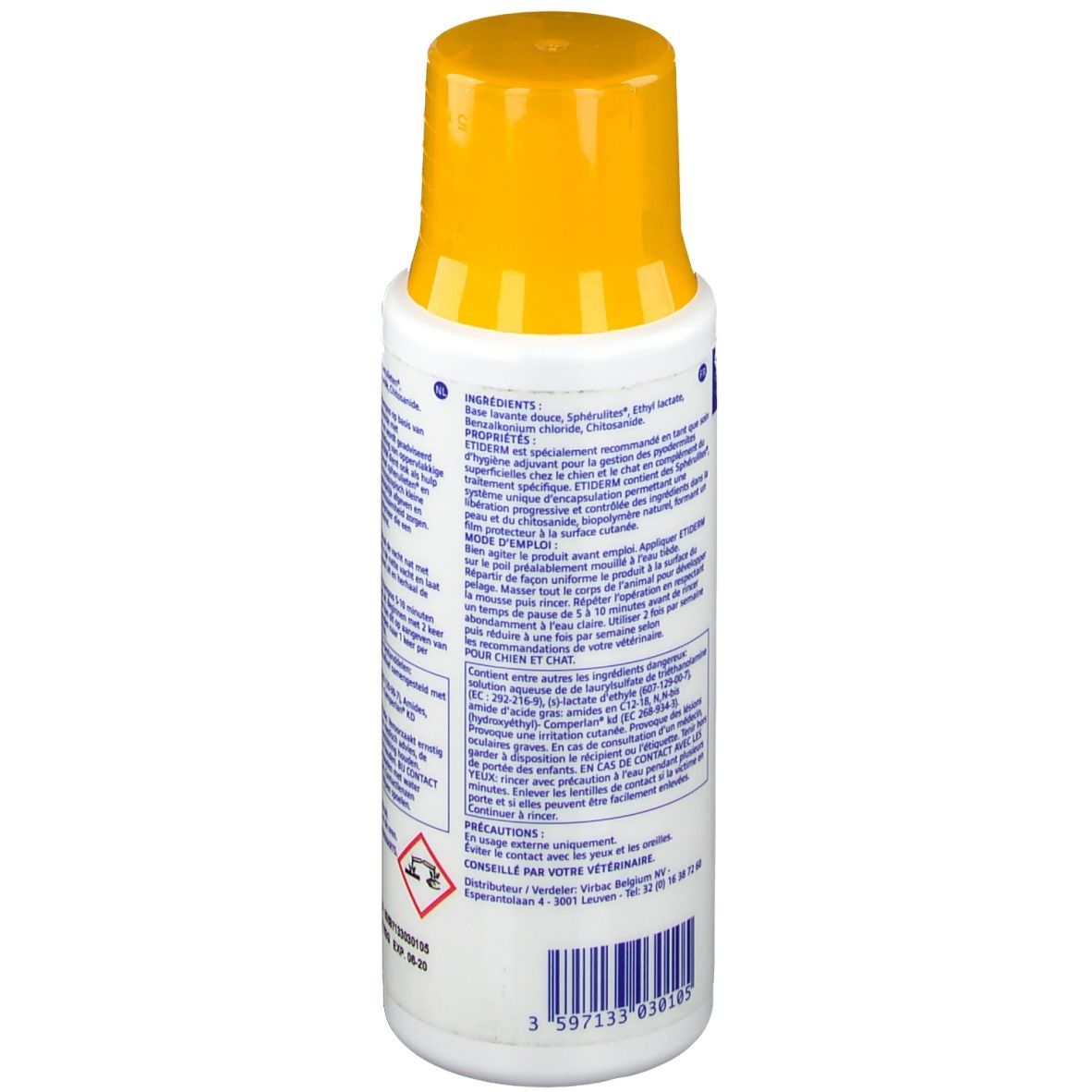 Flacone bianco con tappo giallo. Retro con testo. Contiene 200 ml. Simbolo di pericolo.